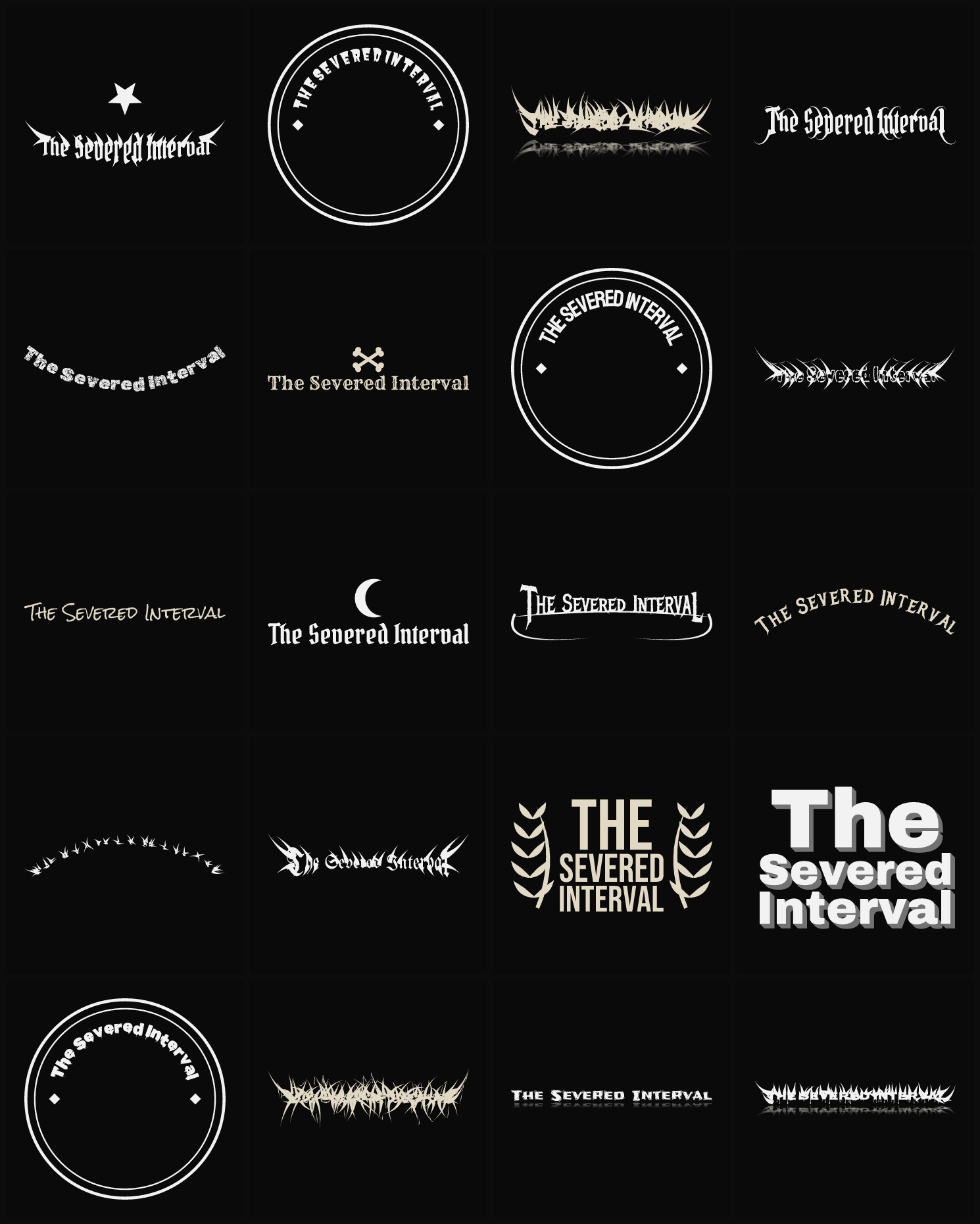 Twenty The Severed Interval band logo ideas — different faces, treatments and spike settings