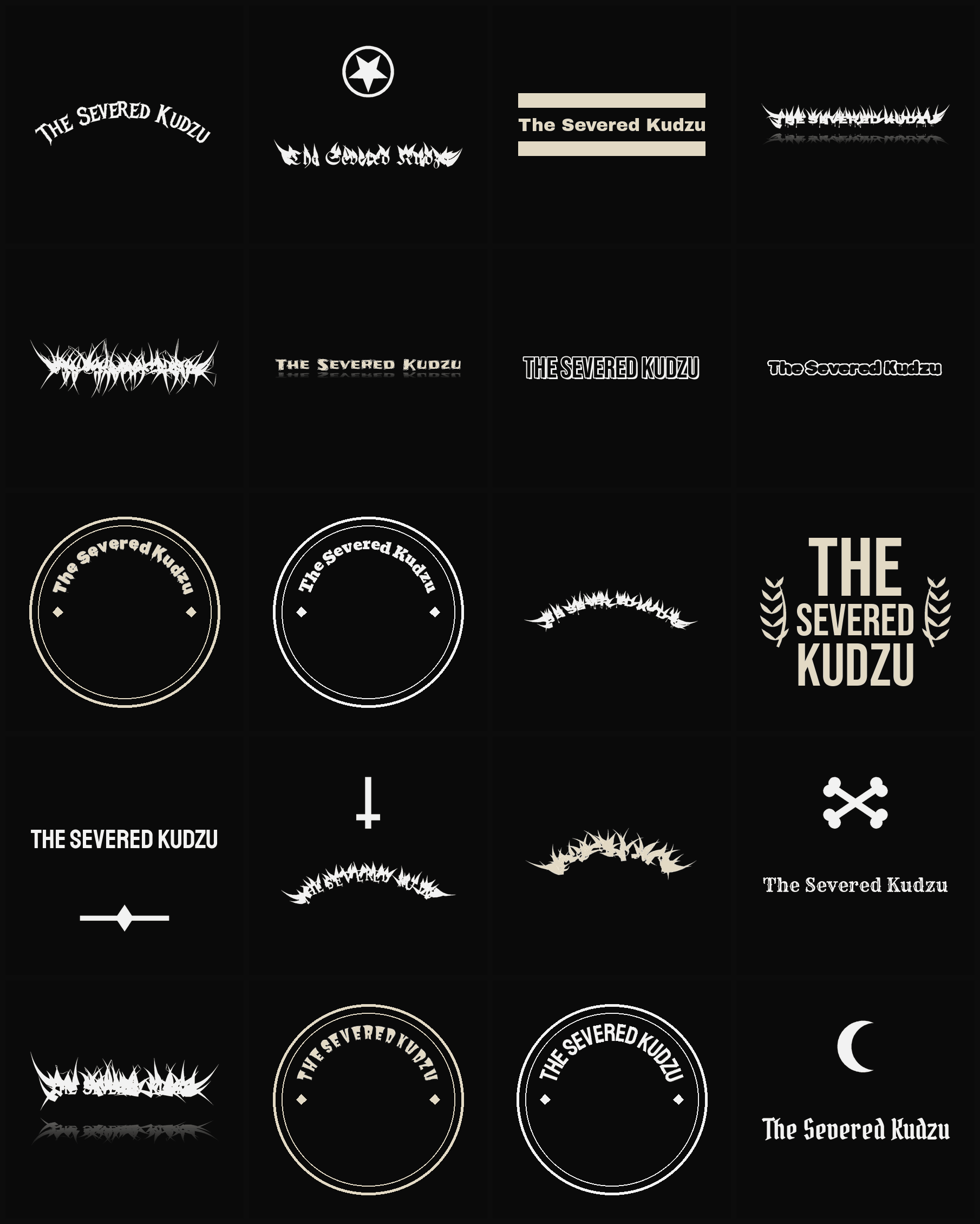 Twenty The Severed Kudzu band logo ideas — different faces, treatments and spike settings