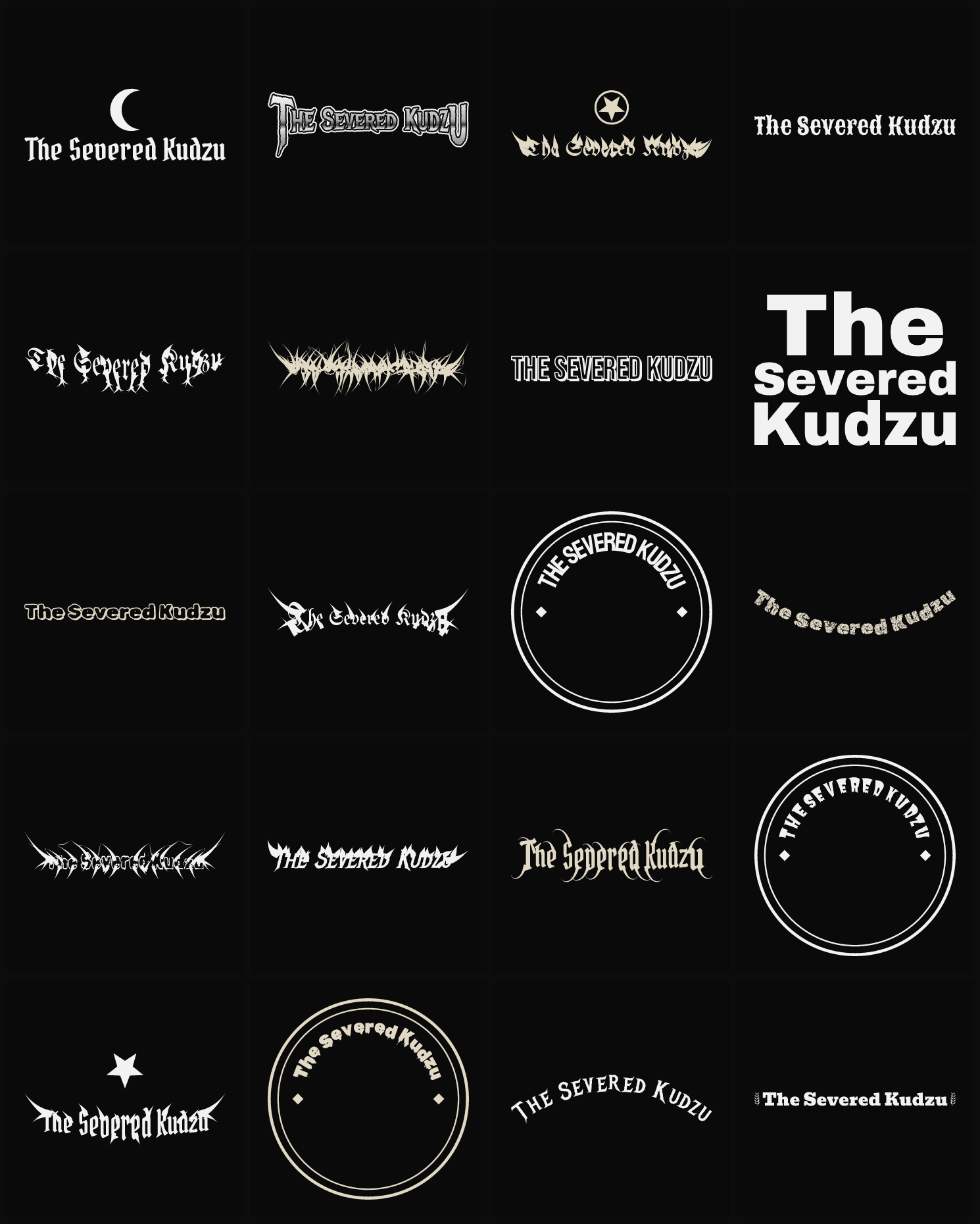 Twenty The Severed Kudzu band logo ideas — different faces, treatments and spike settings