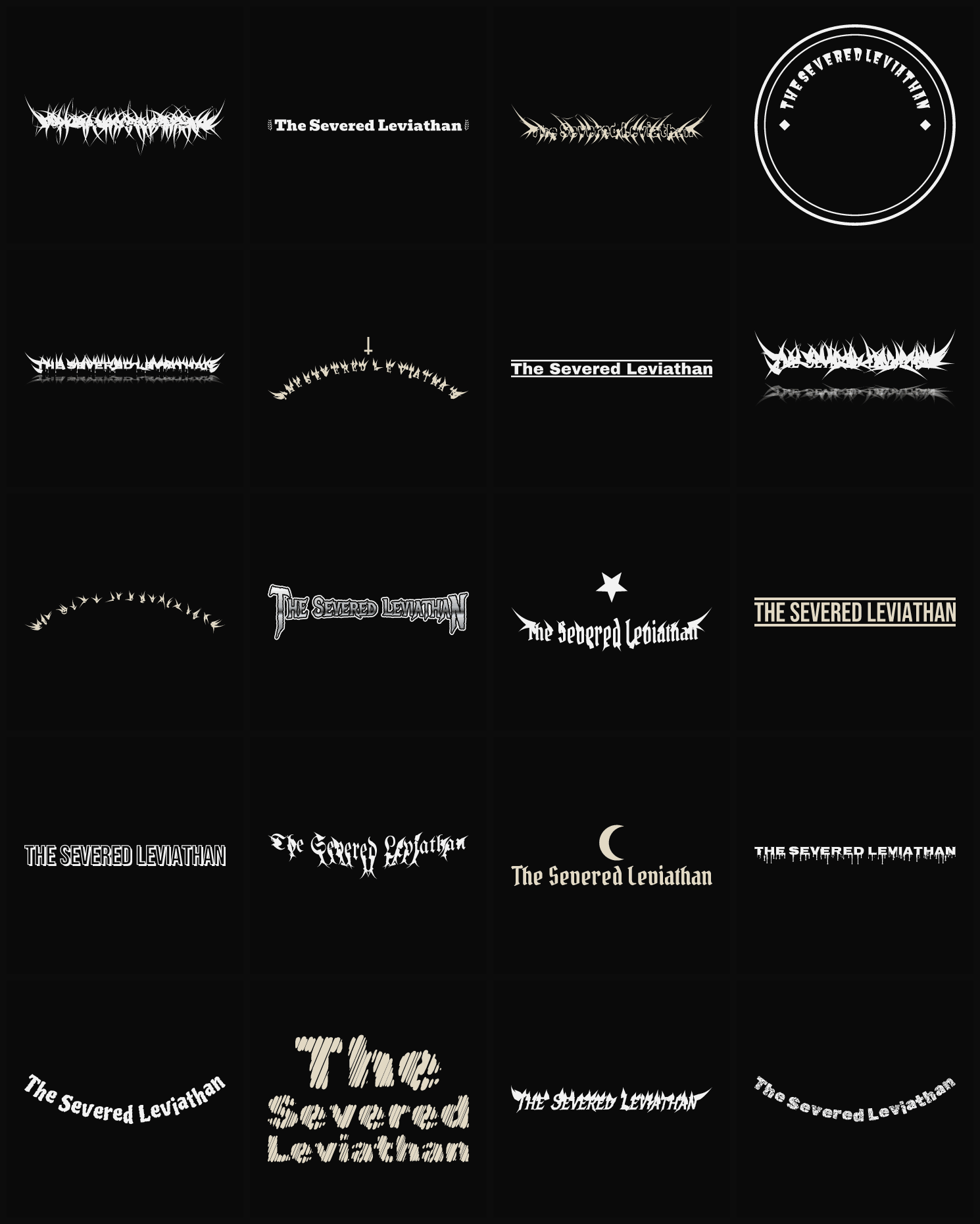 Twenty The Severed Leviathan band logo ideas — different faces, treatments and spike settings