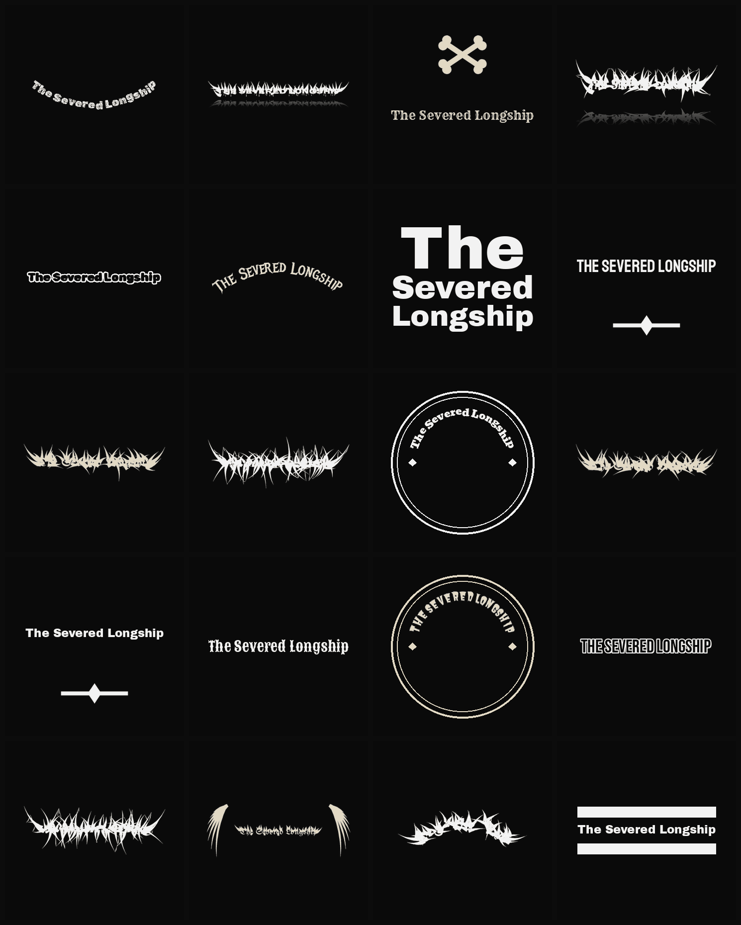 Twenty The Severed Longship band logo ideas — different faces, treatments and spike settings