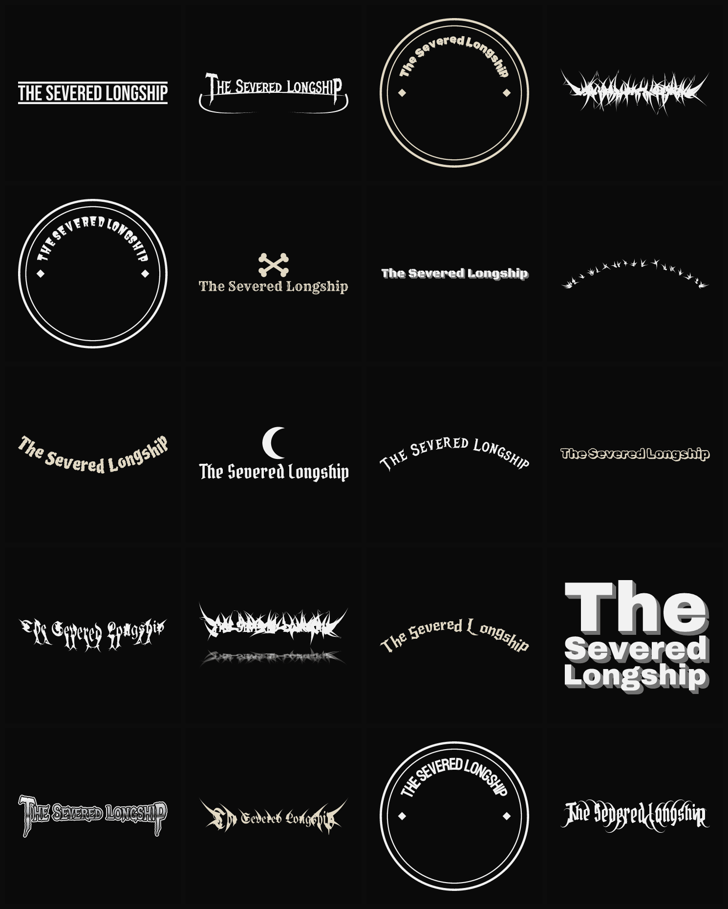 Twenty The Severed Longship band logo ideas — different faces, treatments and spike settings