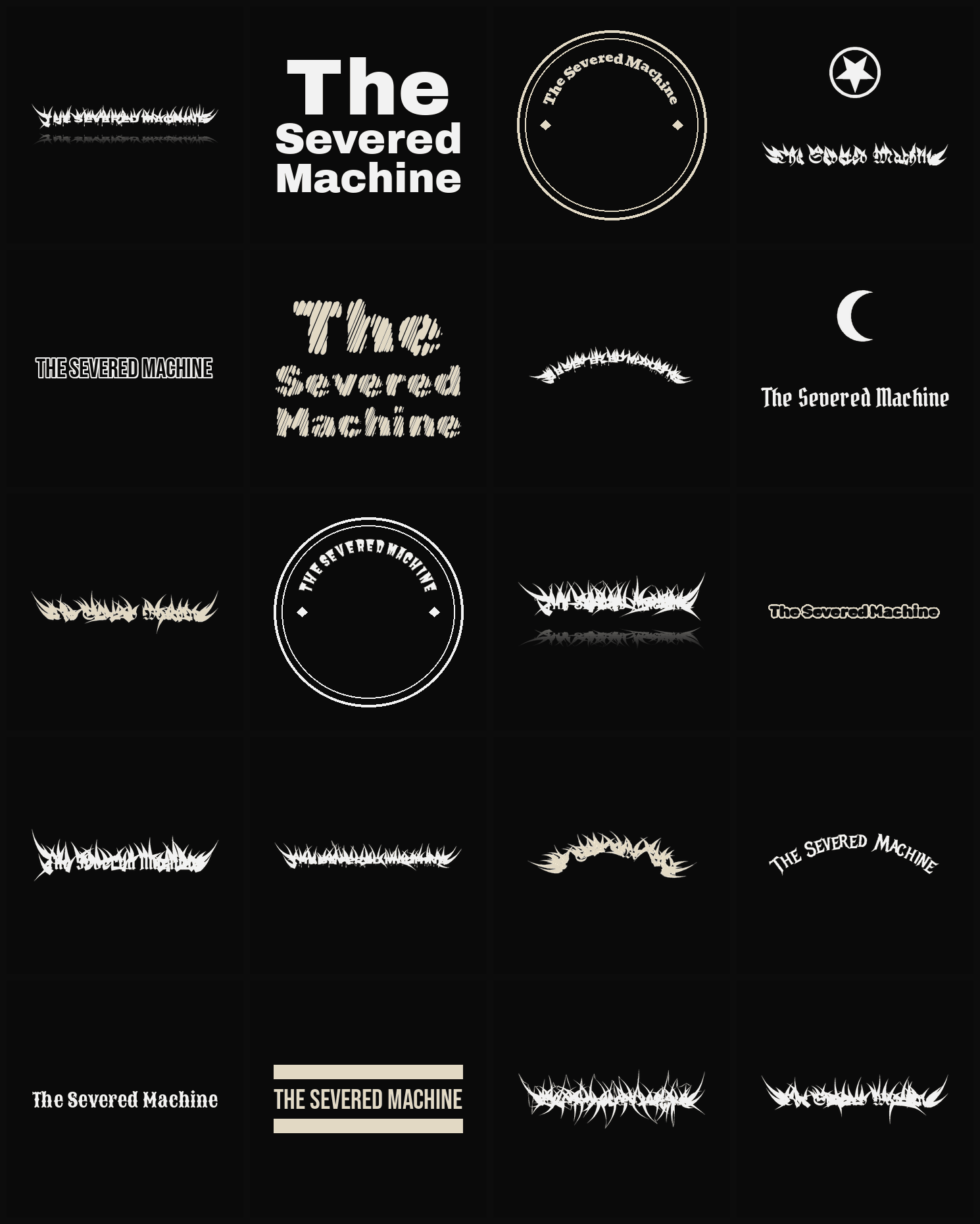 Twenty The Severed Machine band logo ideas — different faces, treatments and spike settings