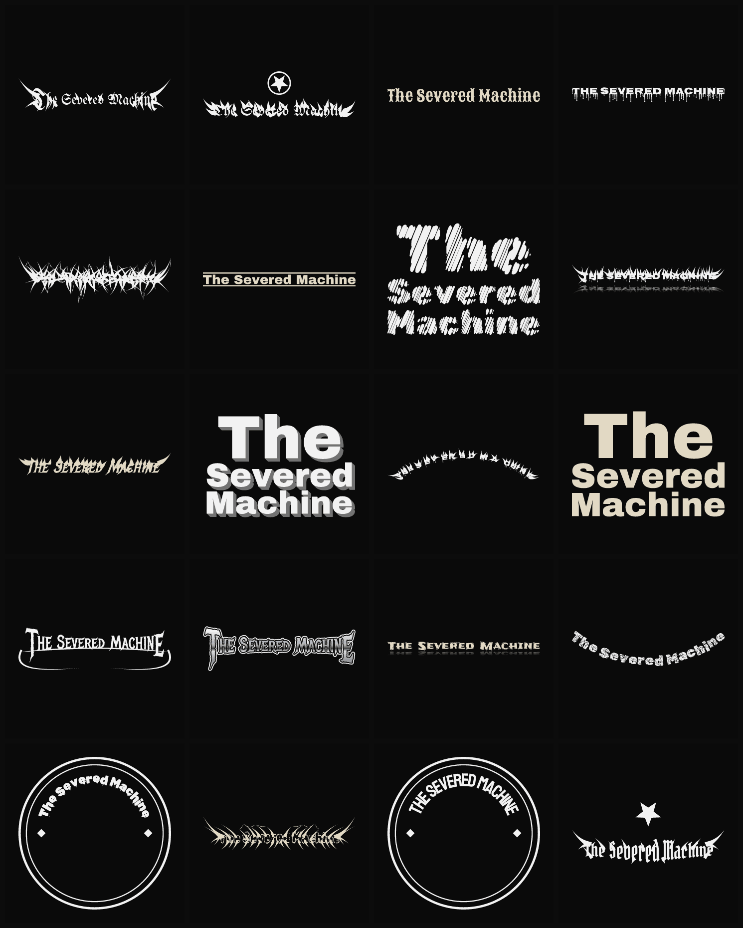 Twenty The Severed Machine band logo ideas — different faces, treatments and spike settings