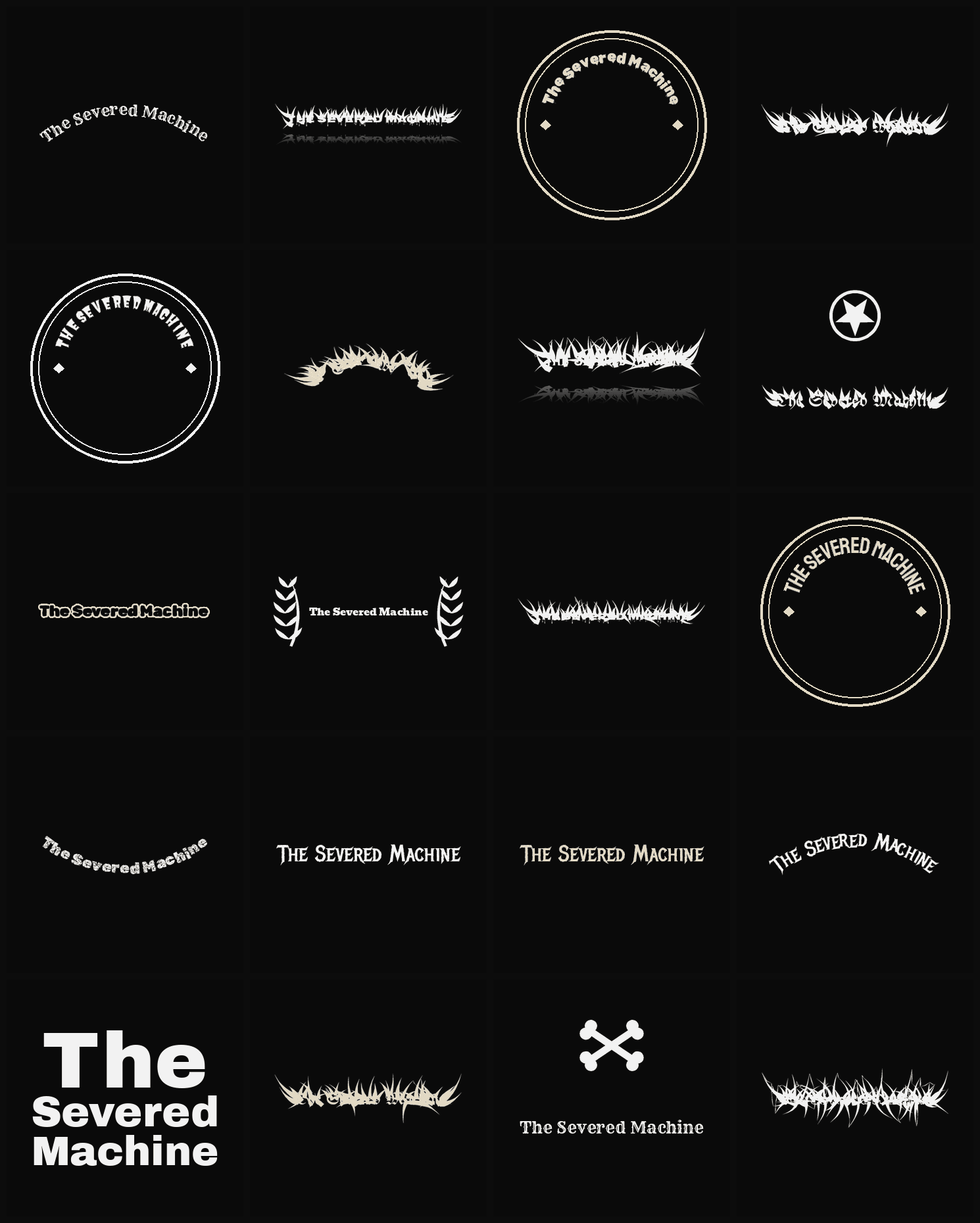 Twenty The Severed Machine band logo ideas — different faces, treatments and spike settings