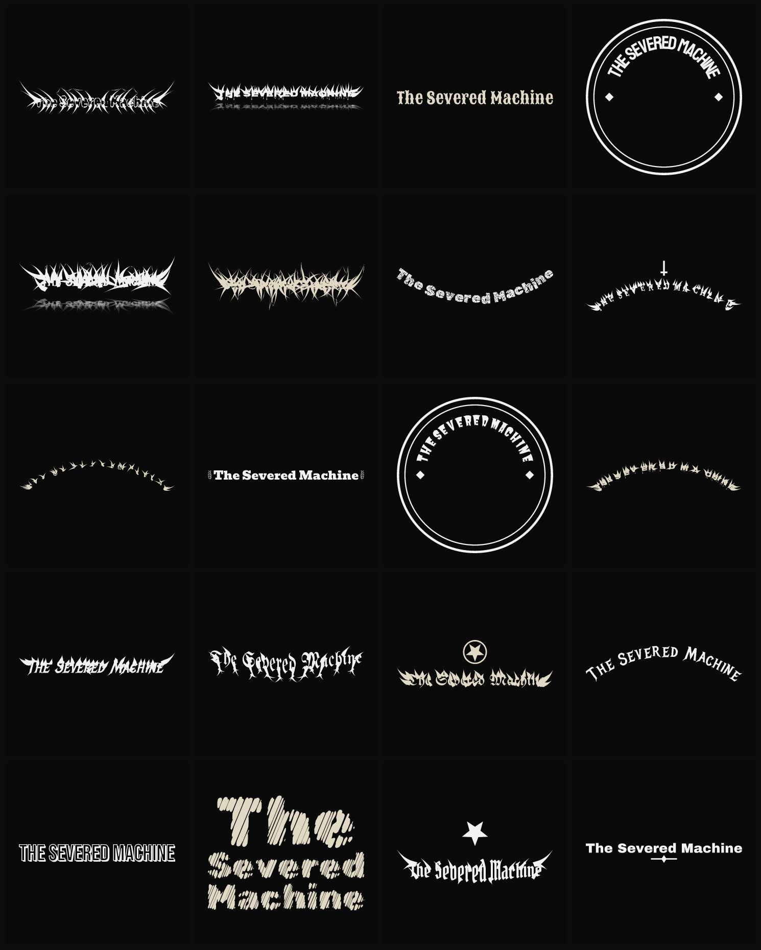 Twenty The Severed Machine band logo ideas — different faces, treatments and spike settings