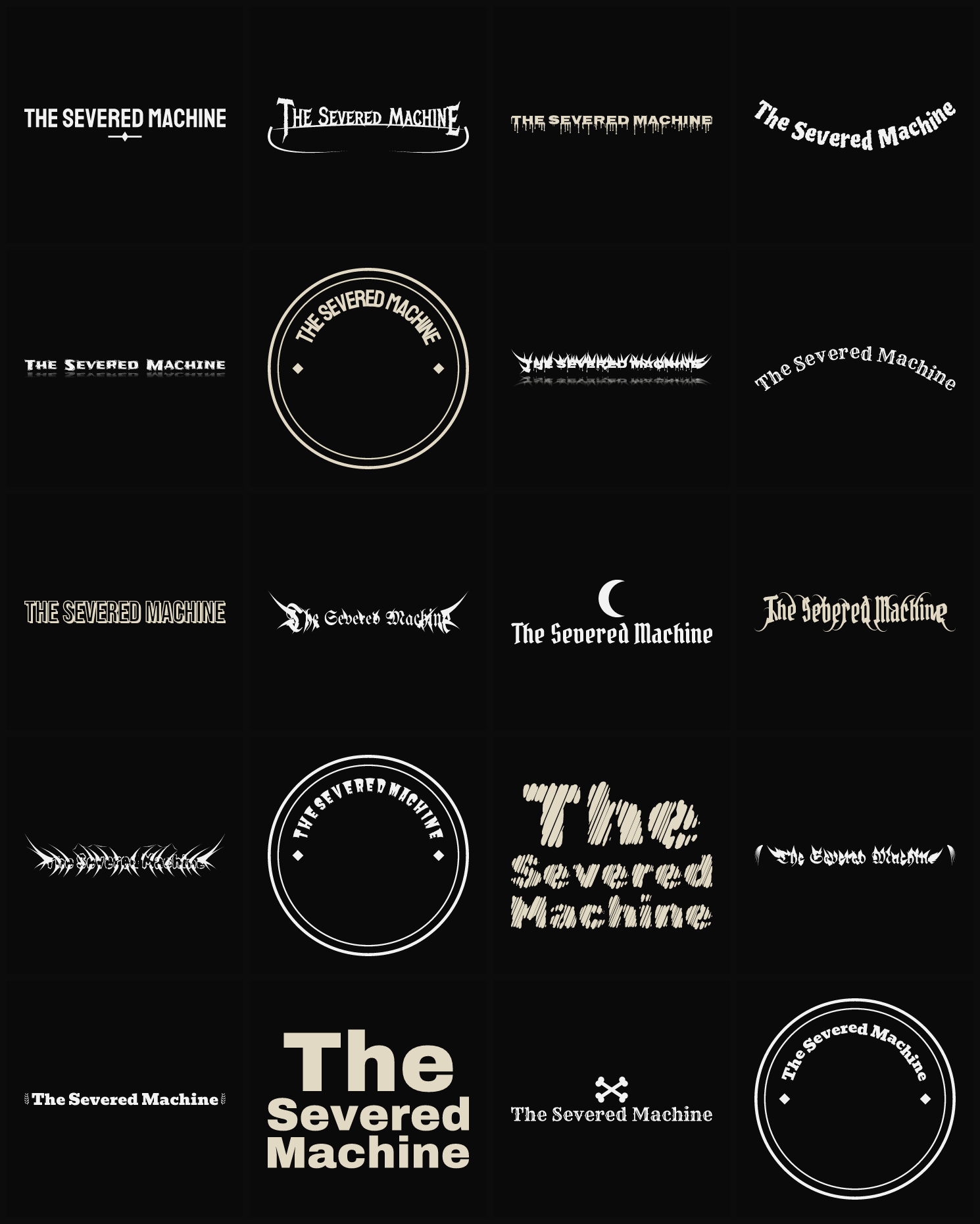 Twenty The Severed Machine band logo ideas — different faces, treatments and spike settings