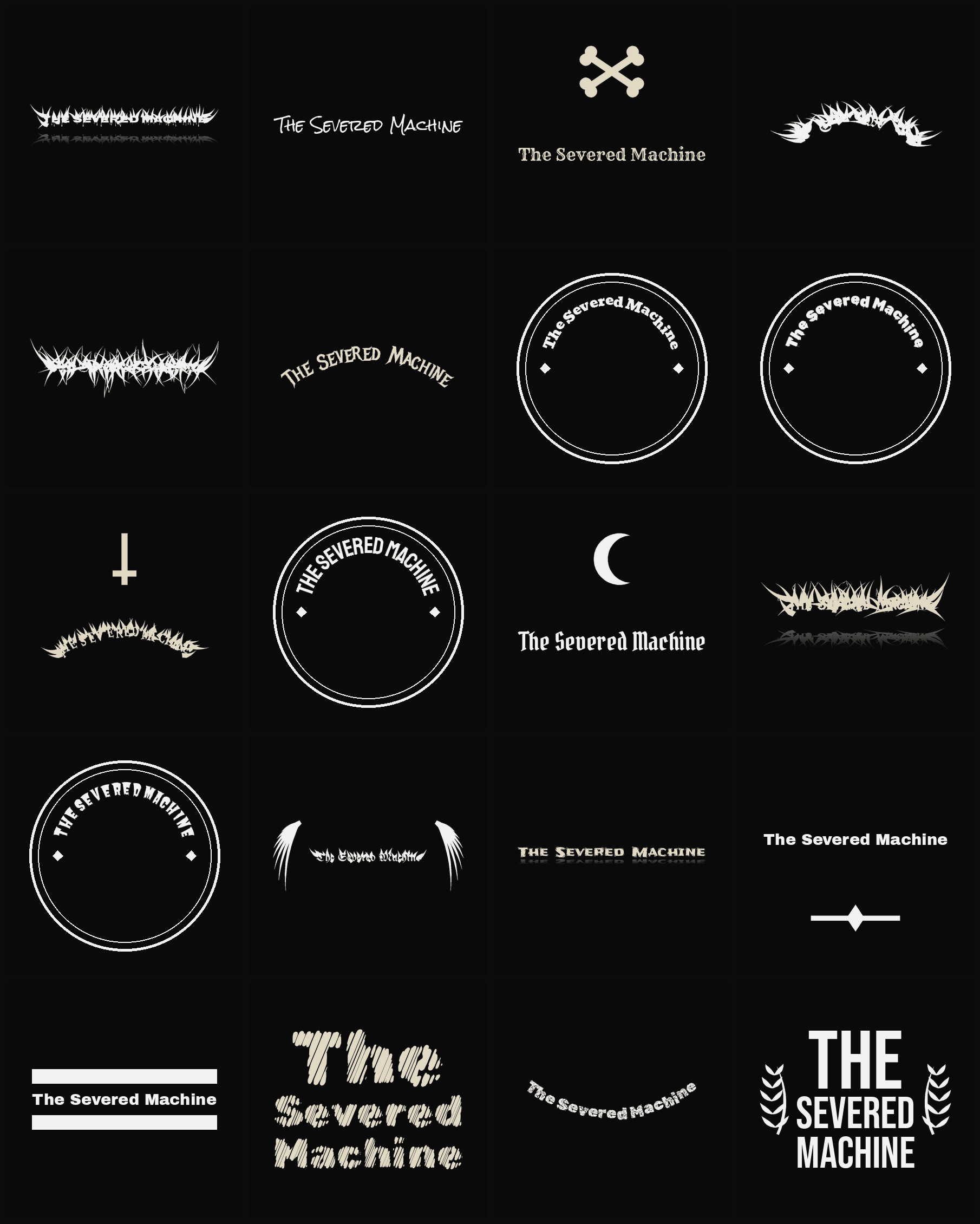 Twenty The Severed Machine band logo ideas — different faces, treatments and spike settings
