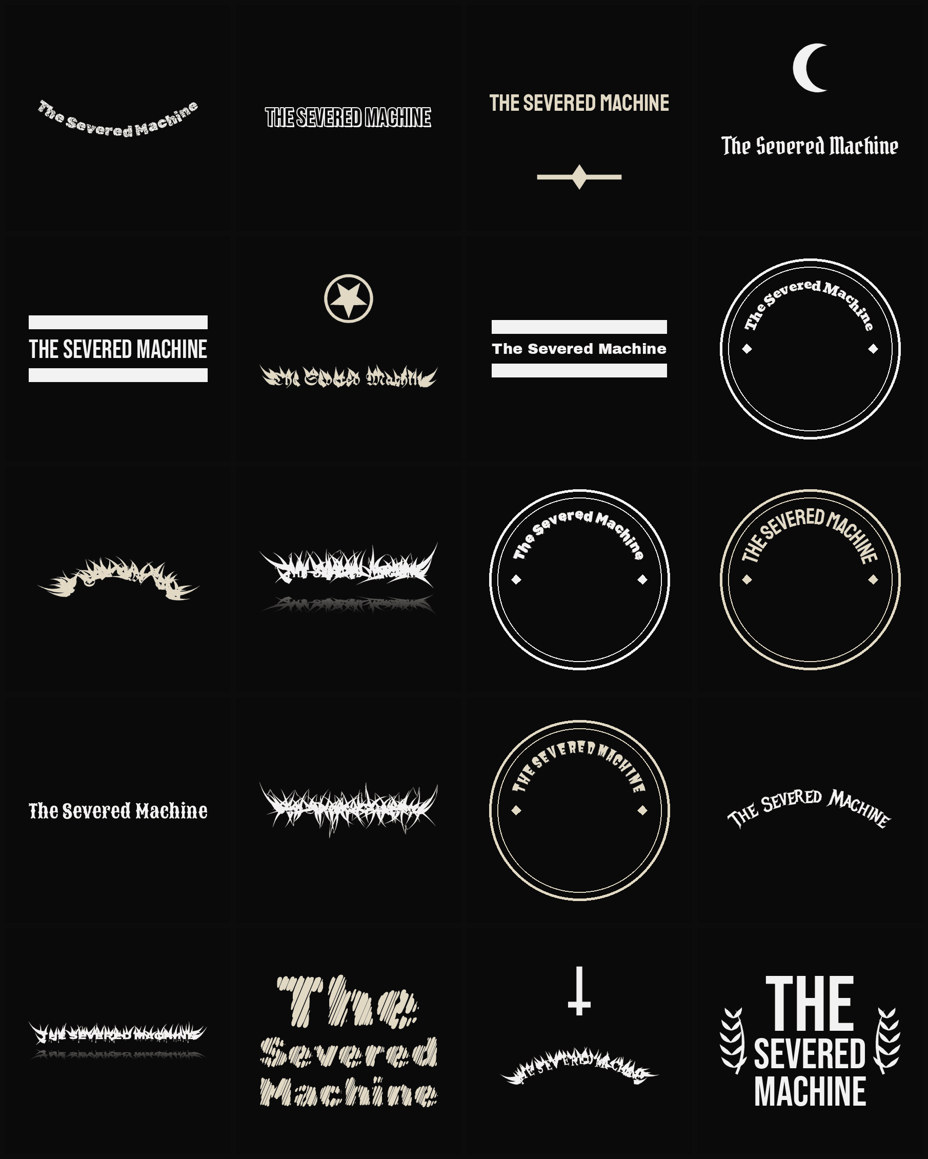 Twenty The Severed Machine band logo ideas — different faces, treatments and spike settings