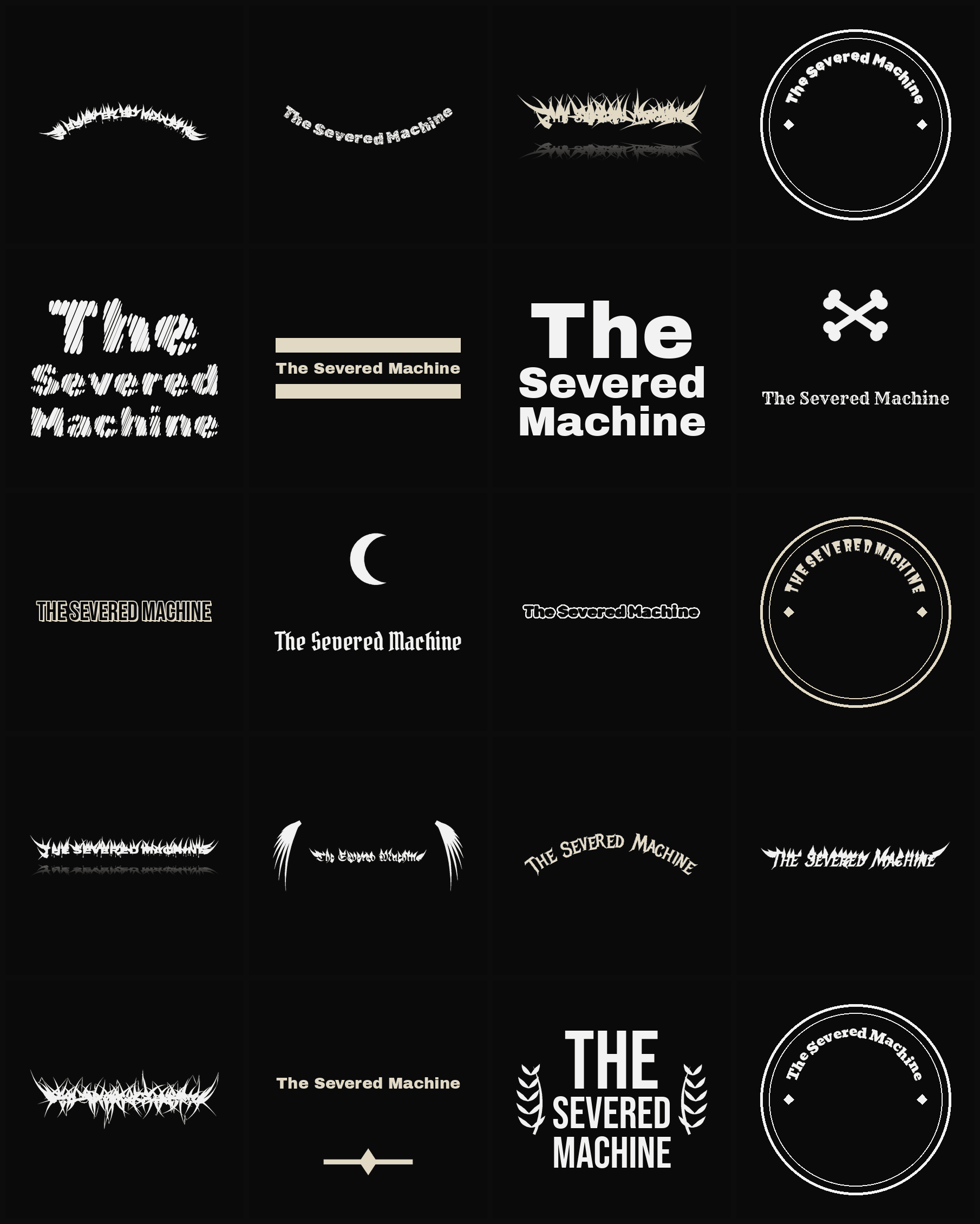 Twenty The Severed Machine band logo ideas — different faces, treatments and spike settings