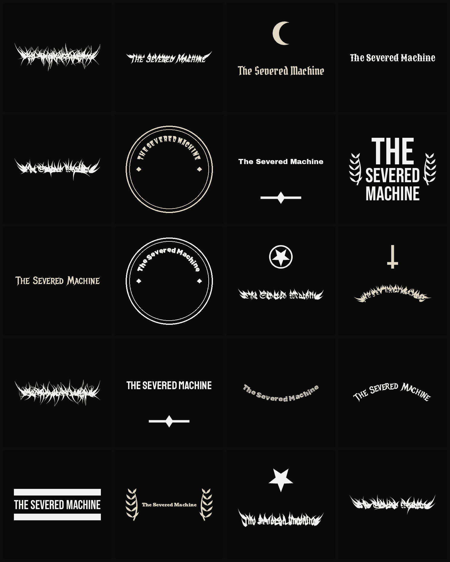 Twenty The Severed Machine band logo ideas — different faces, treatments and spike settings