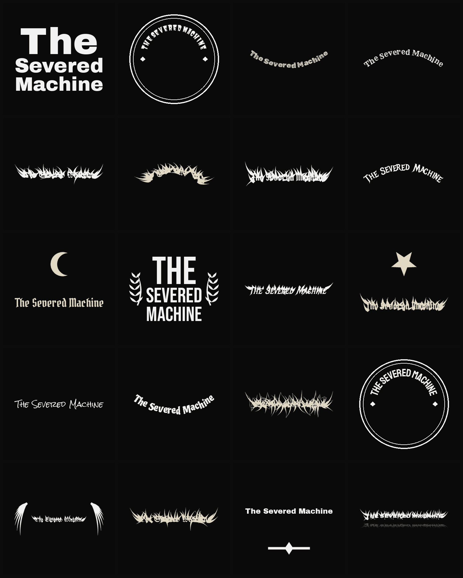 Twenty The Severed Machine band logo ideas — different faces, treatments and spike settings