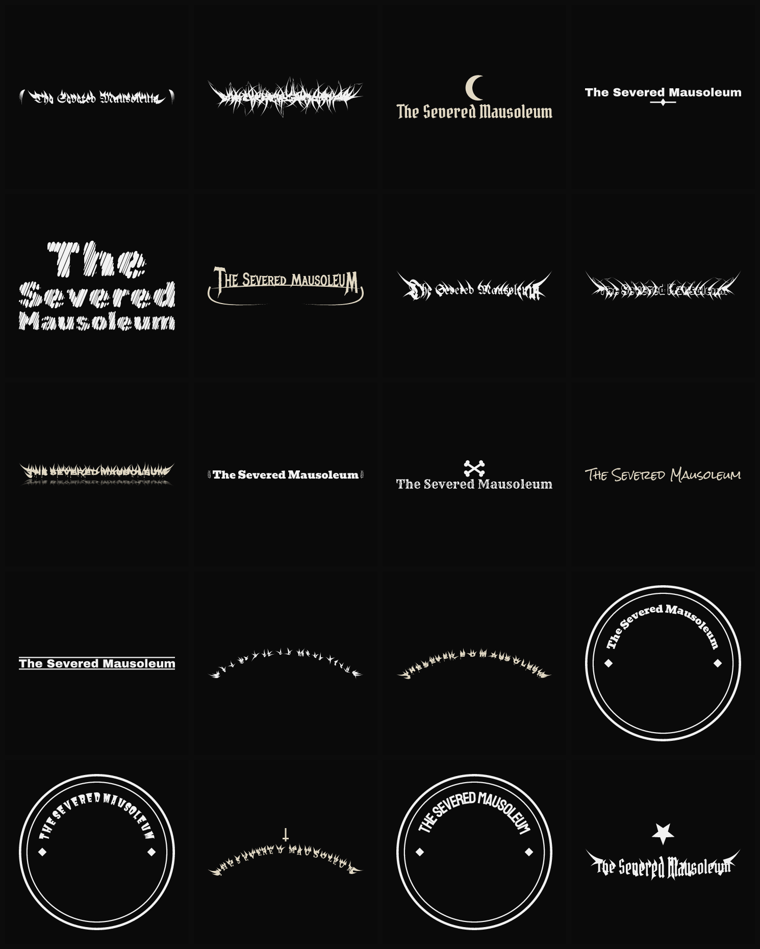 Twenty The Severed Mausoleum band logo ideas — different faces, treatments and spike settings