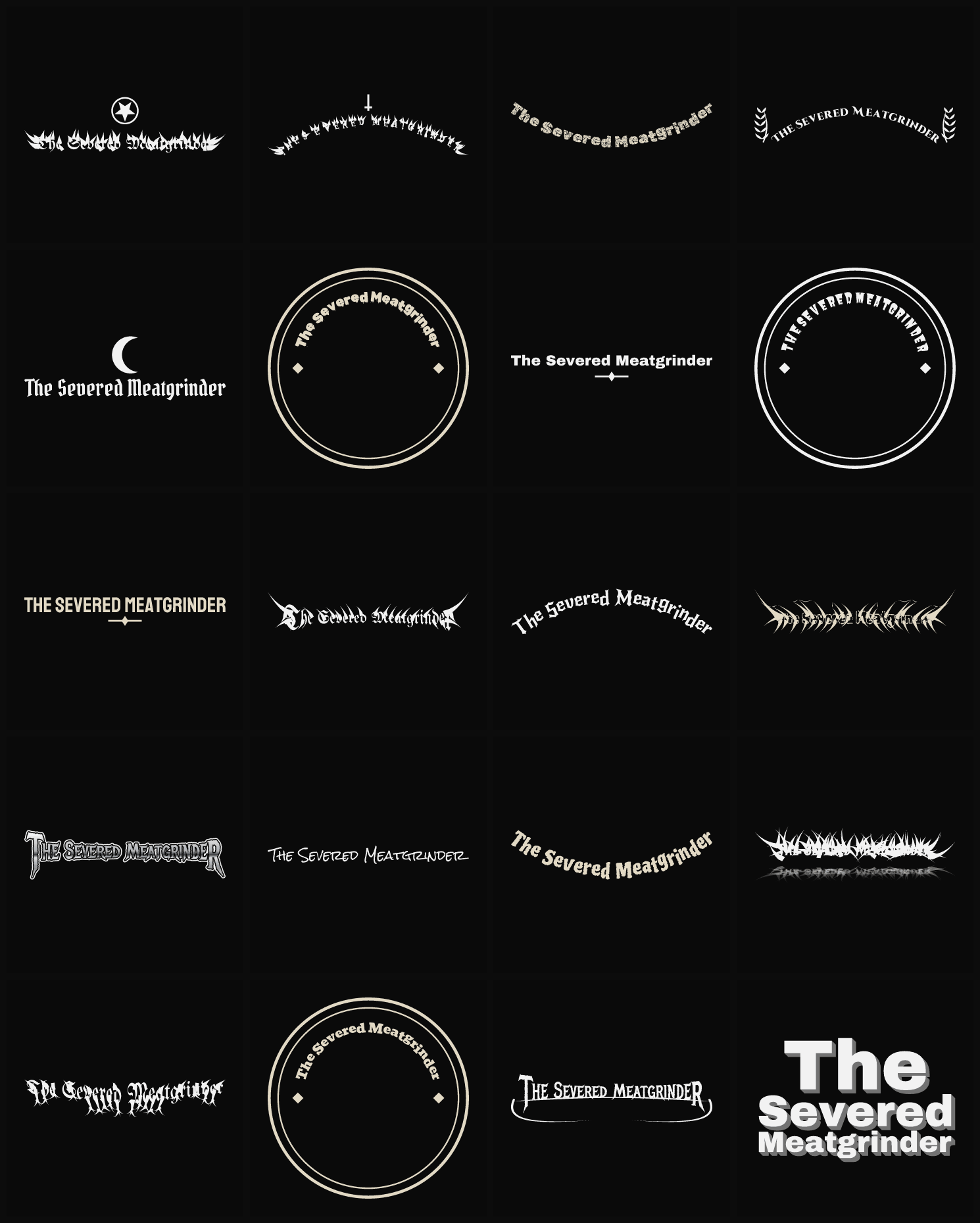 Twenty The Severed Meatgrinder band logo ideas — different faces, treatments and spike settings