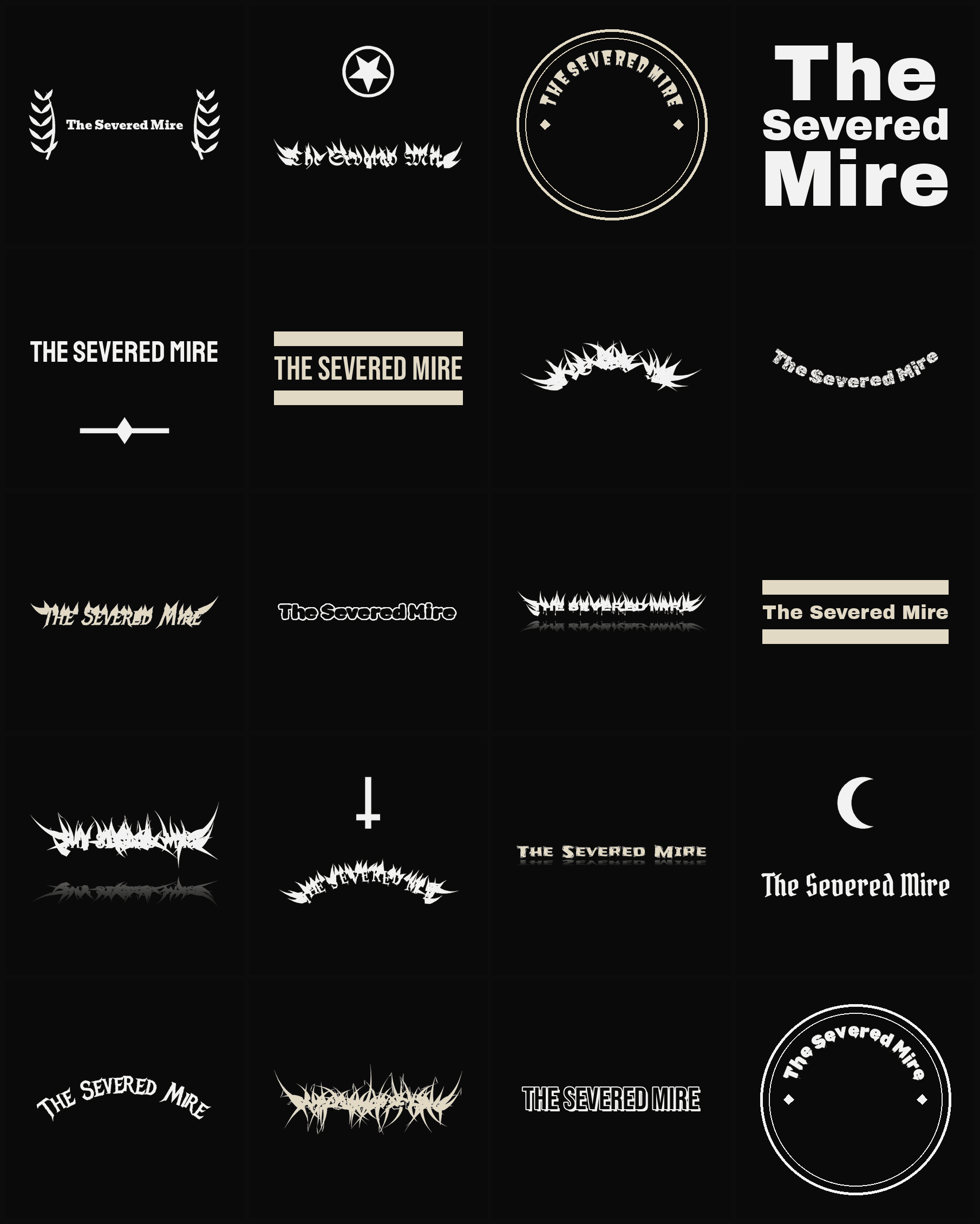 Twenty The Severed Mire band logo ideas — different faces, treatments and spike settings