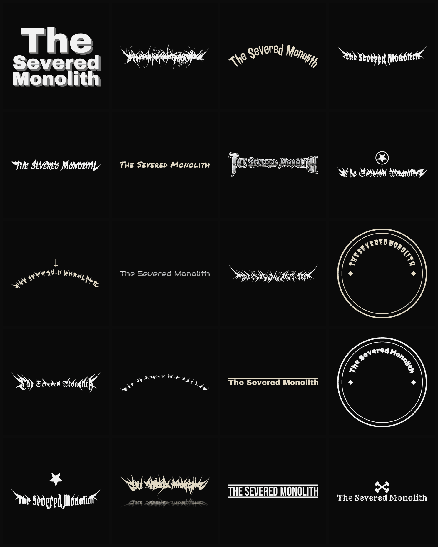Twenty The Severed Monolith band logo ideas — different faces, treatments and spike settings