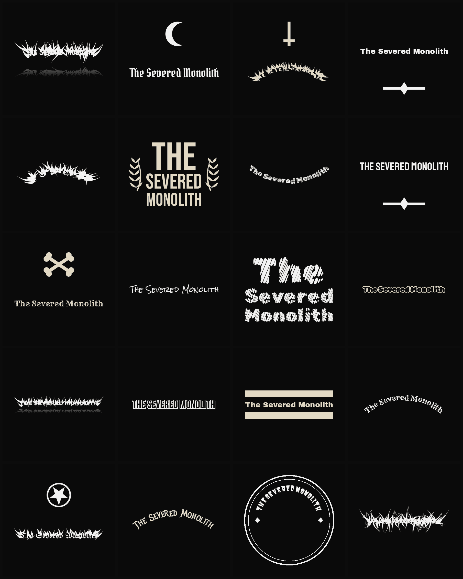 Twenty The Severed Monolith band logo ideas — different faces, treatments and spike settings