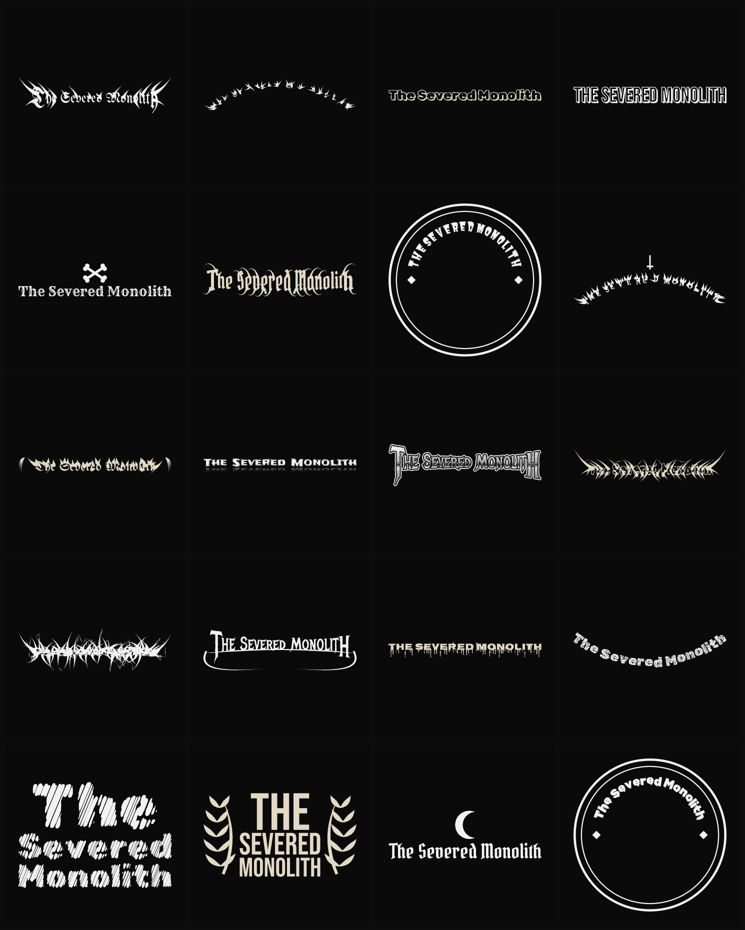 Twenty The Severed Monolith band logo ideas — different faces, treatments and spike settings