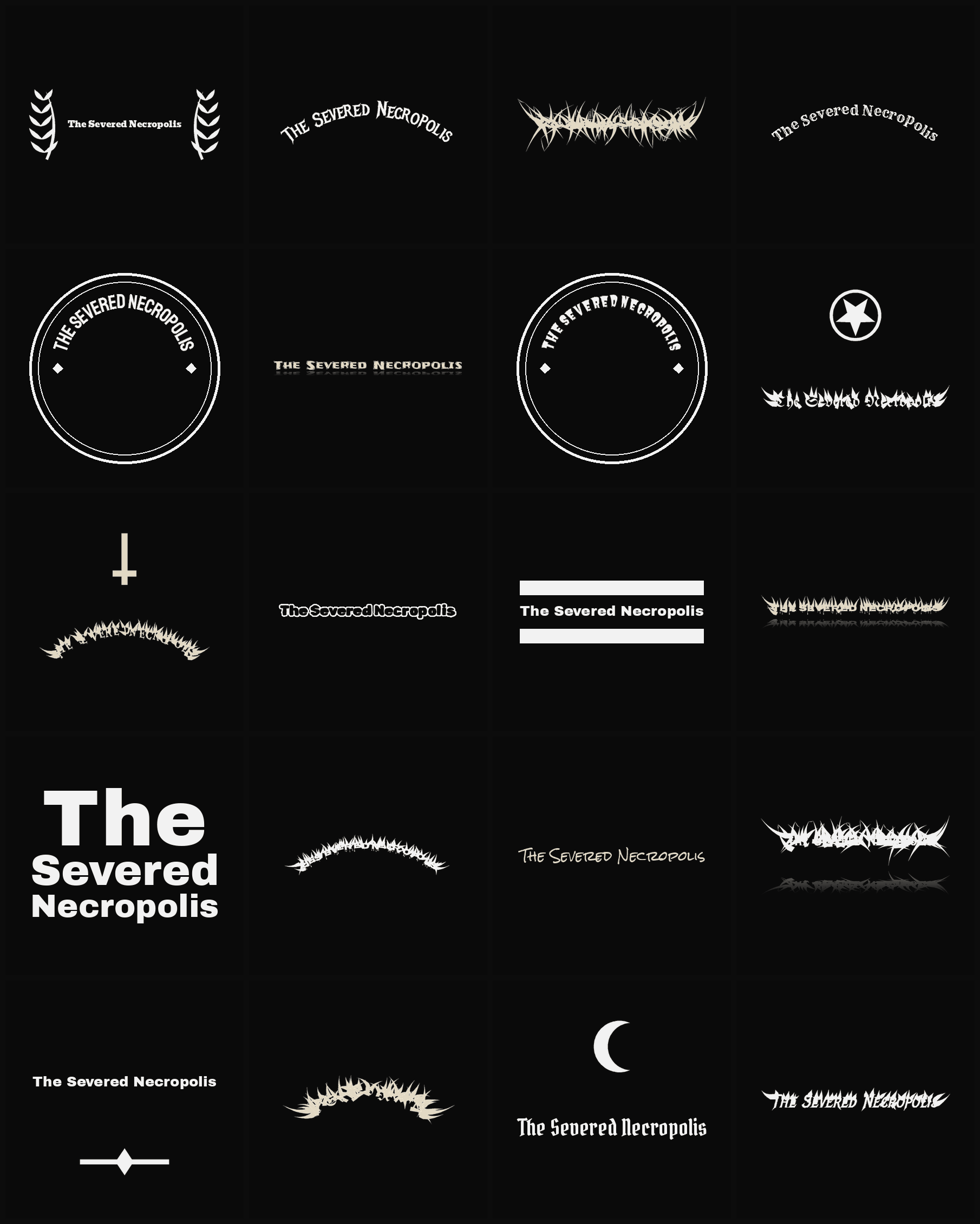 Twenty The Severed Necropolis band logo ideas — different faces, treatments and spike settings