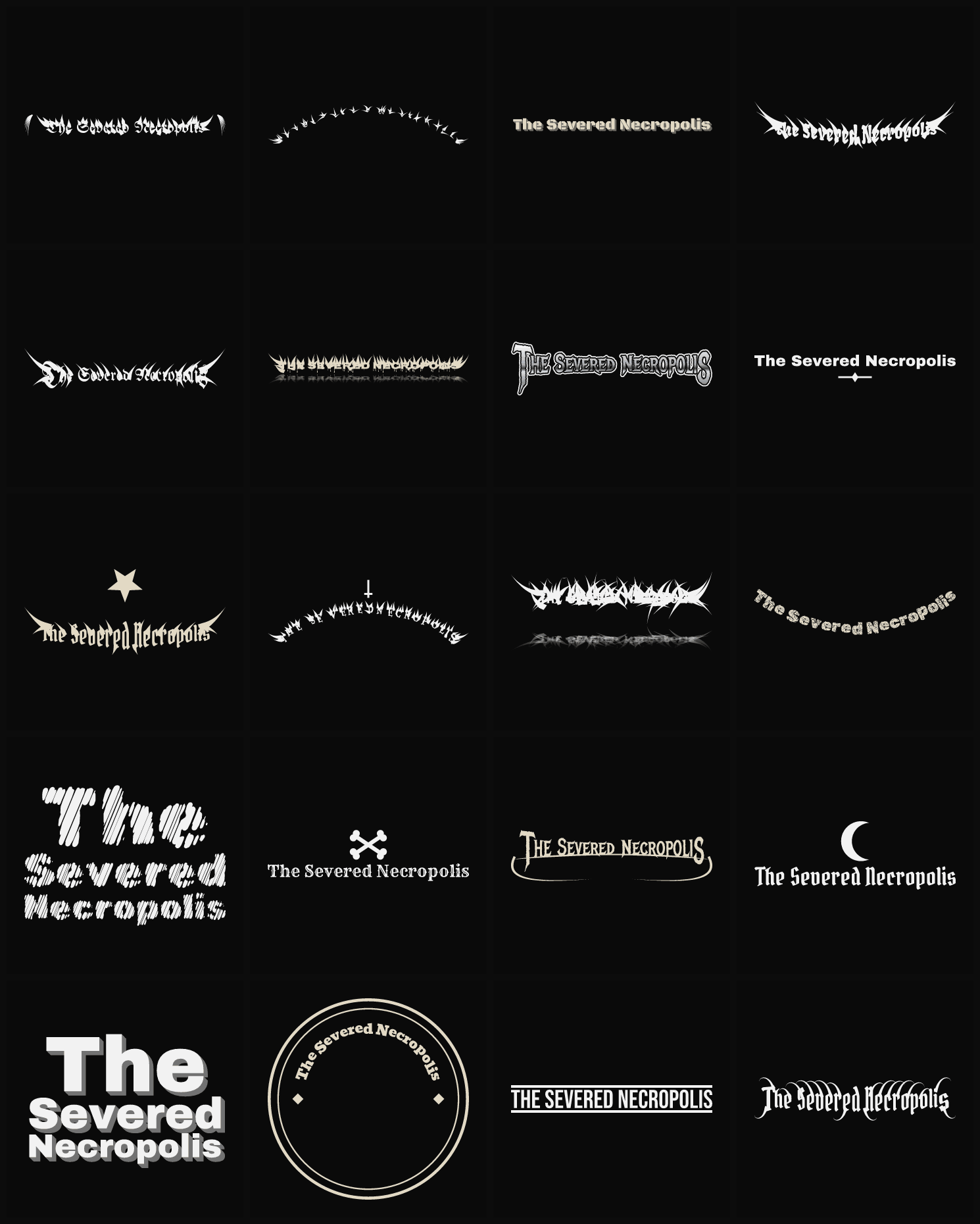 Twenty The Severed Necropolis band logo ideas — different faces, treatments and spike settings