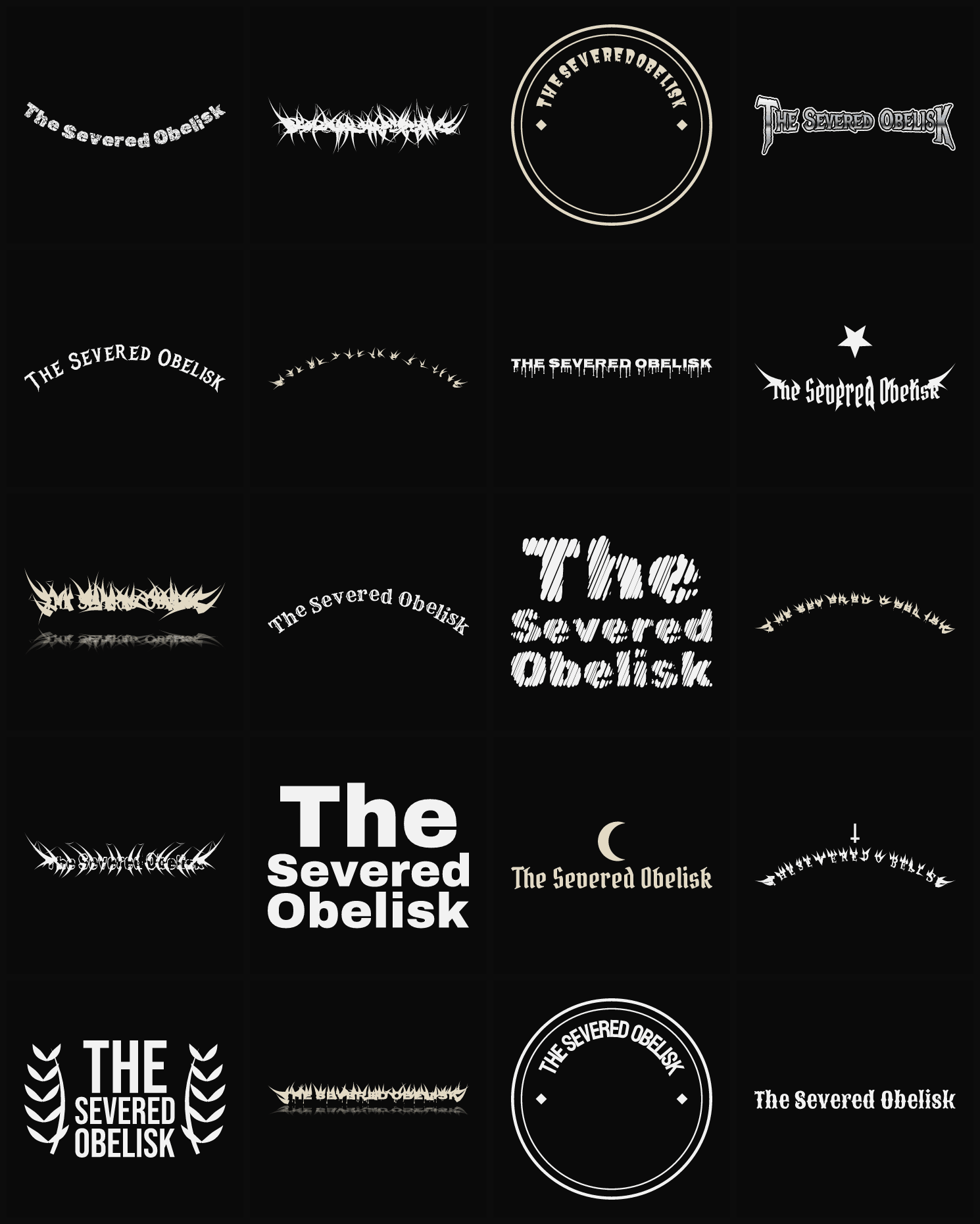 Twenty The Severed Obelisk band logo ideas — different faces, treatments and spike settings