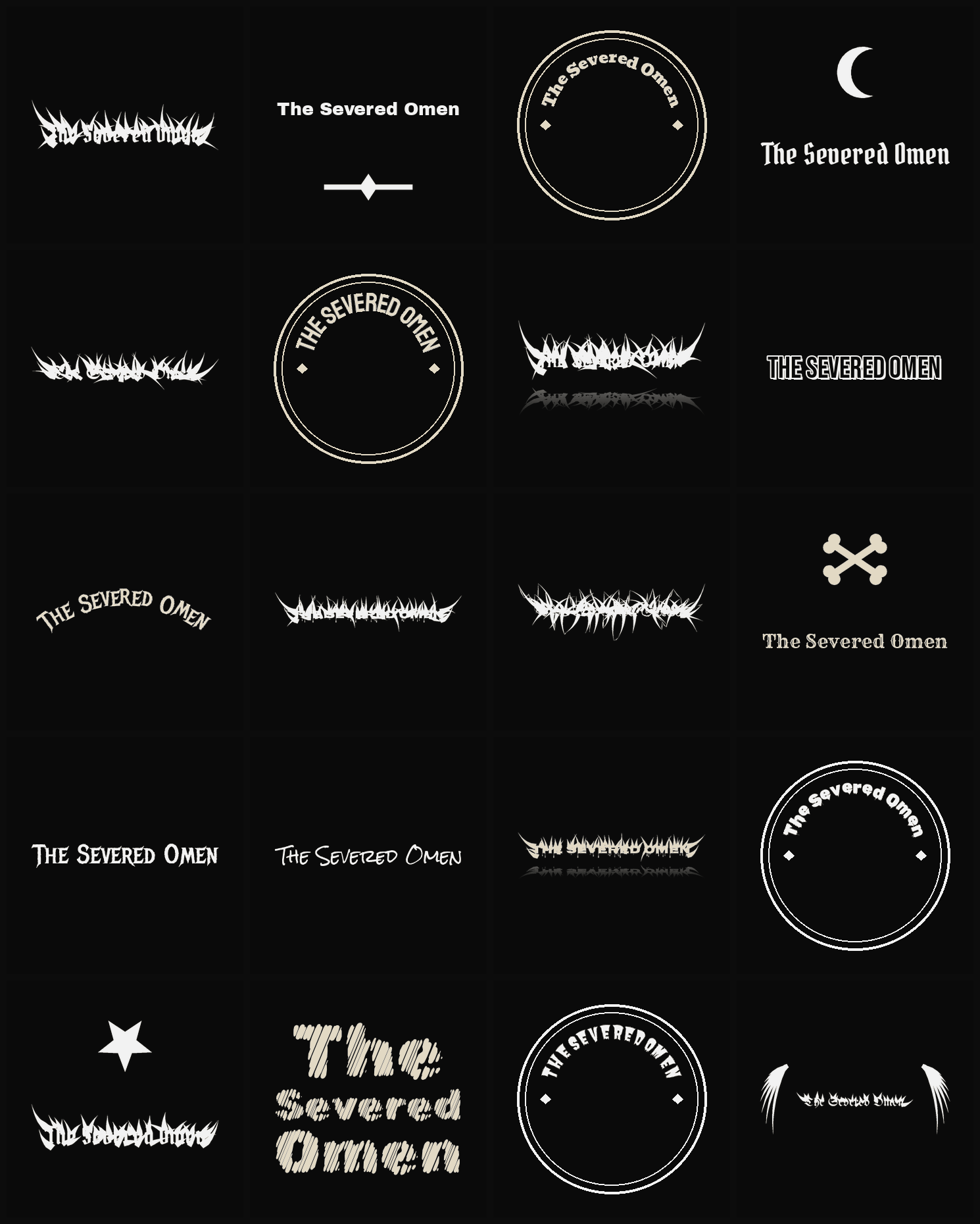 Twenty The Severed Omen band logo ideas — different faces, treatments and spike settings