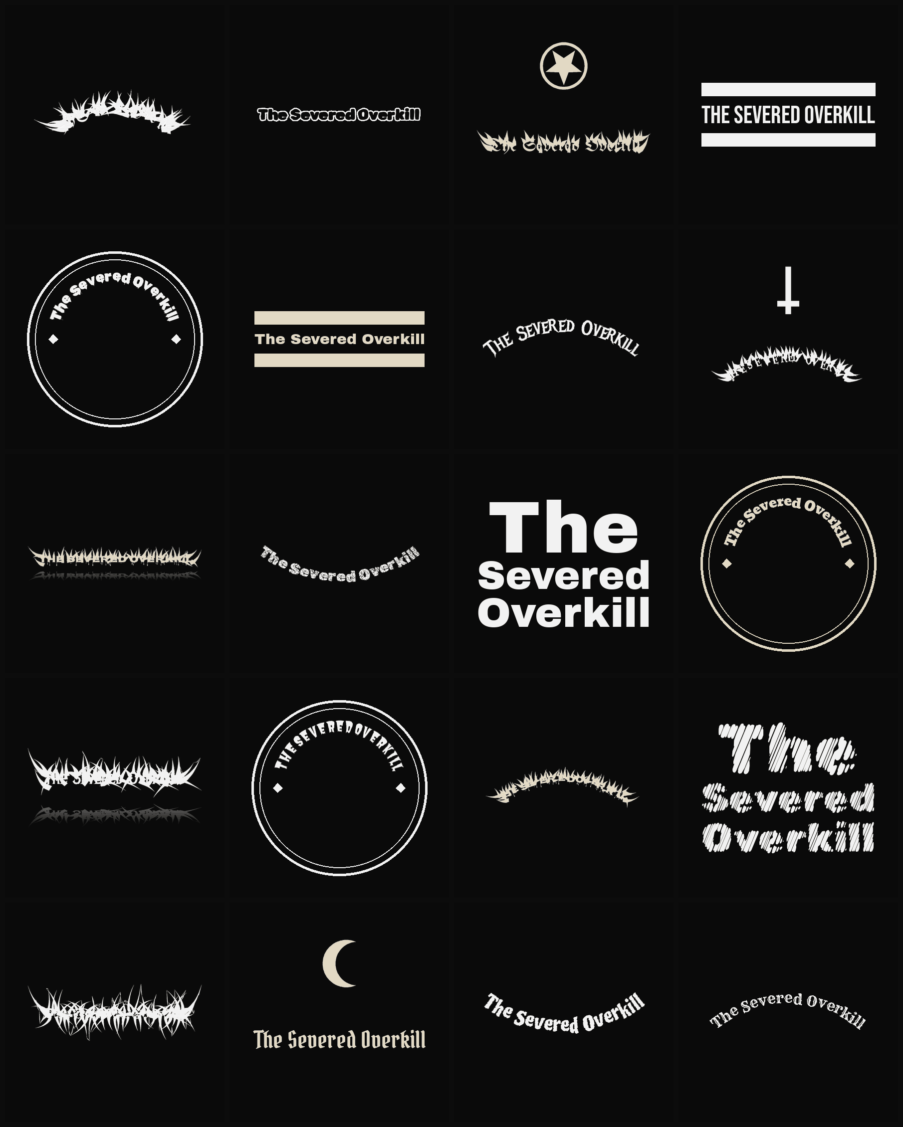 Twenty The Severed Overkill band logo ideas — different faces, treatments and spike settings