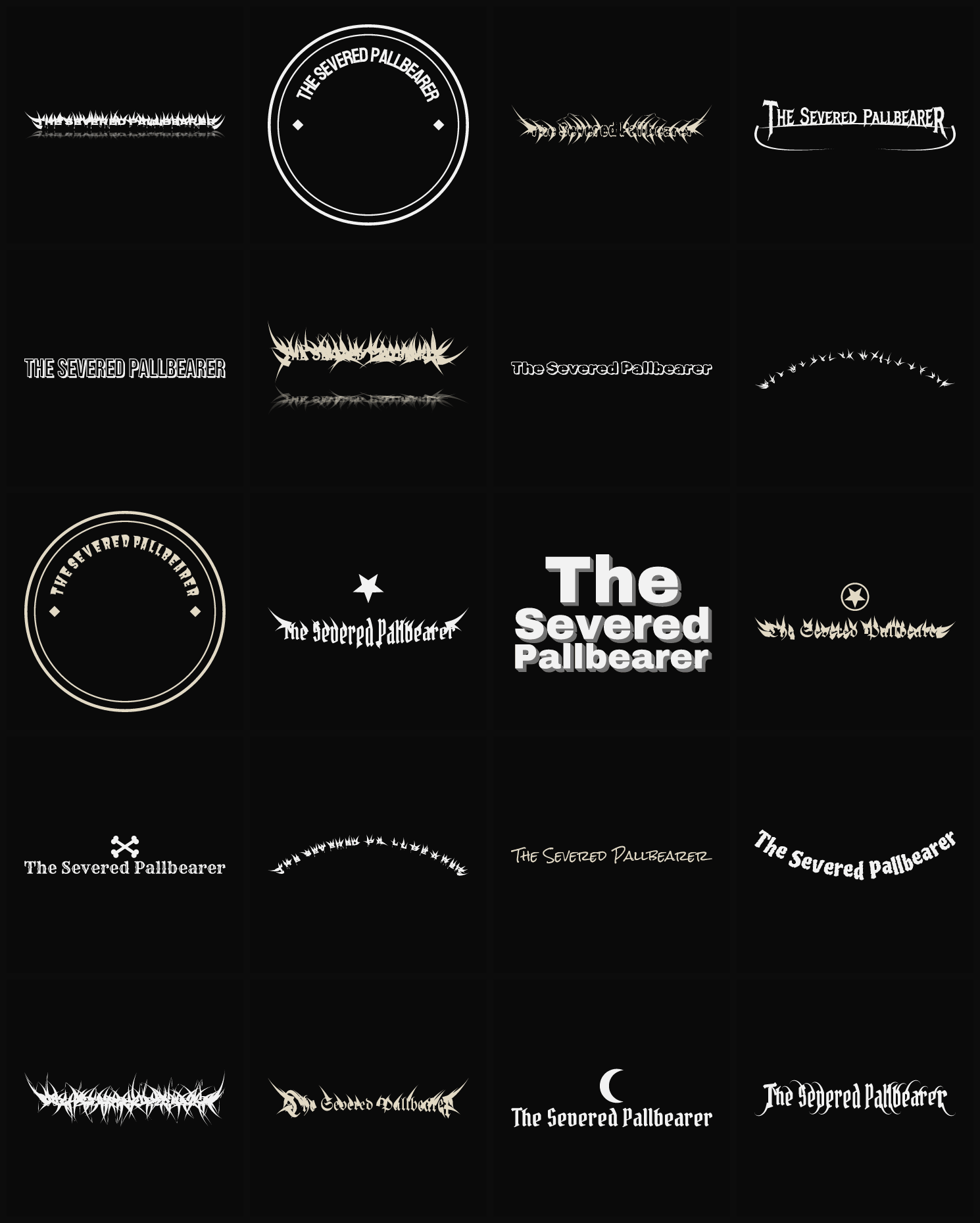 Twenty The Severed Pallbearer band logo ideas — different faces, treatments and spike settings