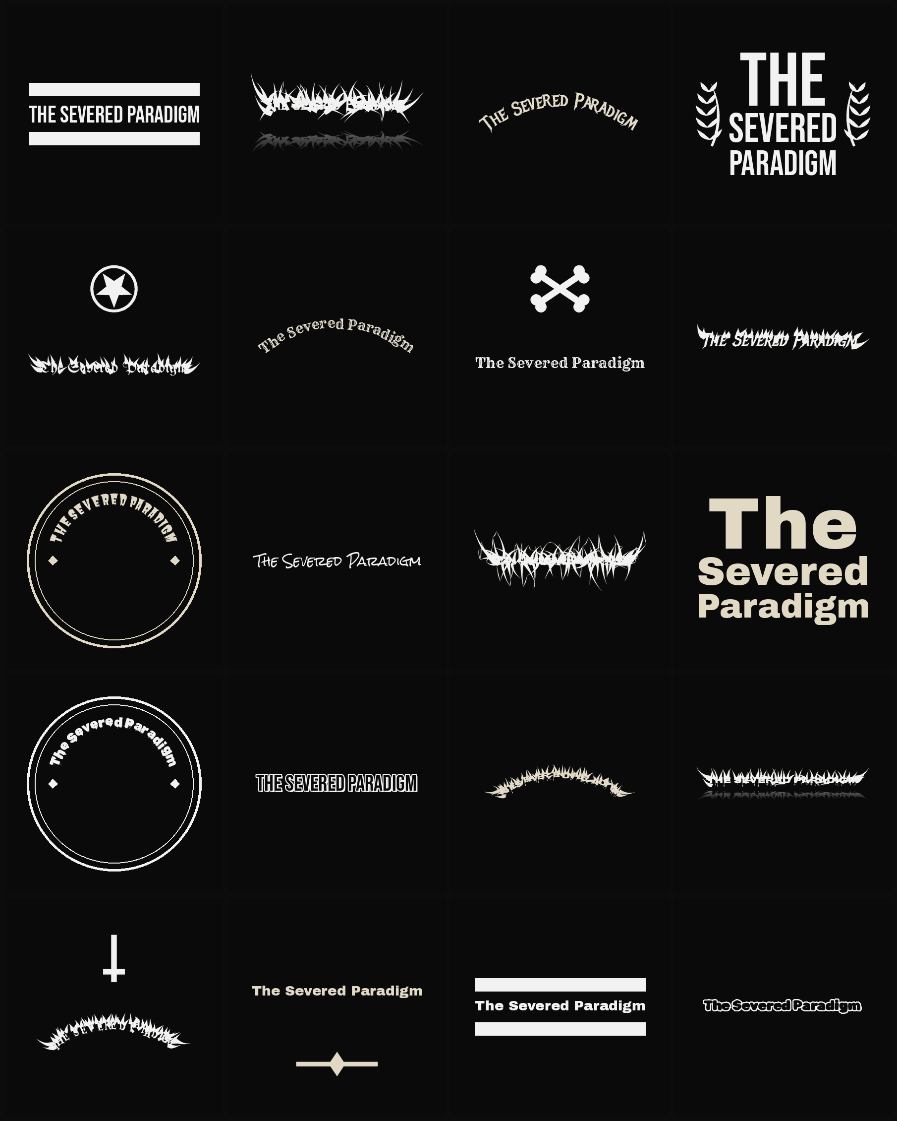 Twenty The Severed Paradigm band logo ideas — different faces, treatments and spike settings