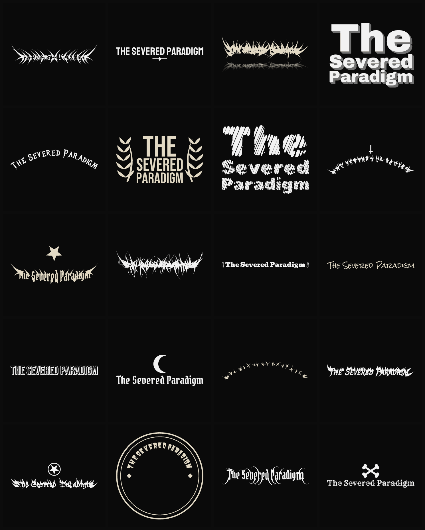 Twenty The Severed Paradigm band logo ideas — different faces, treatments and spike settings