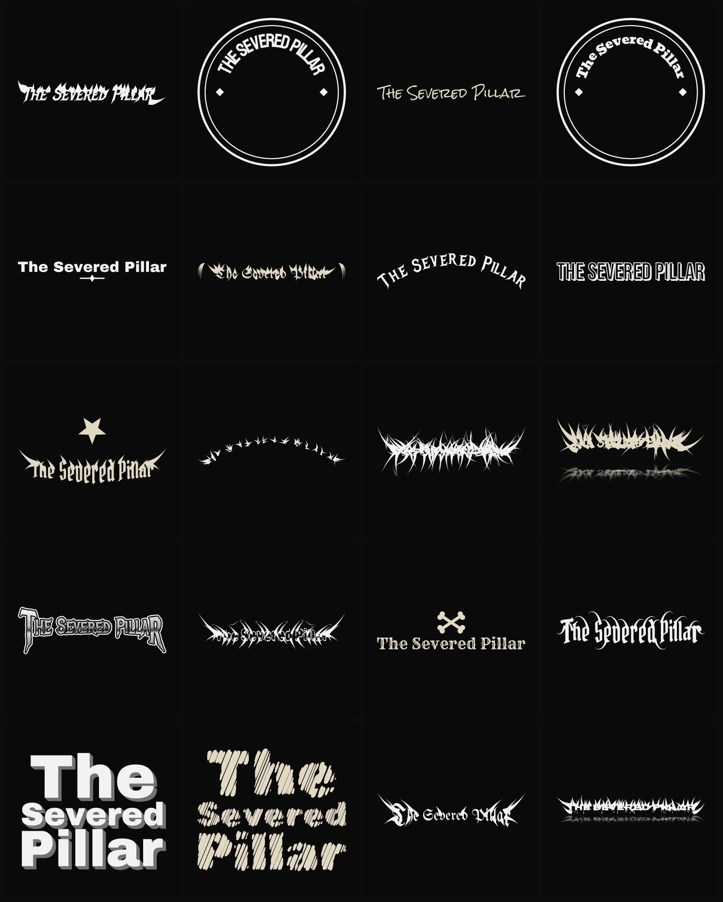 Twenty The Severed Pillar band logo ideas — different faces, treatments and spike settings
