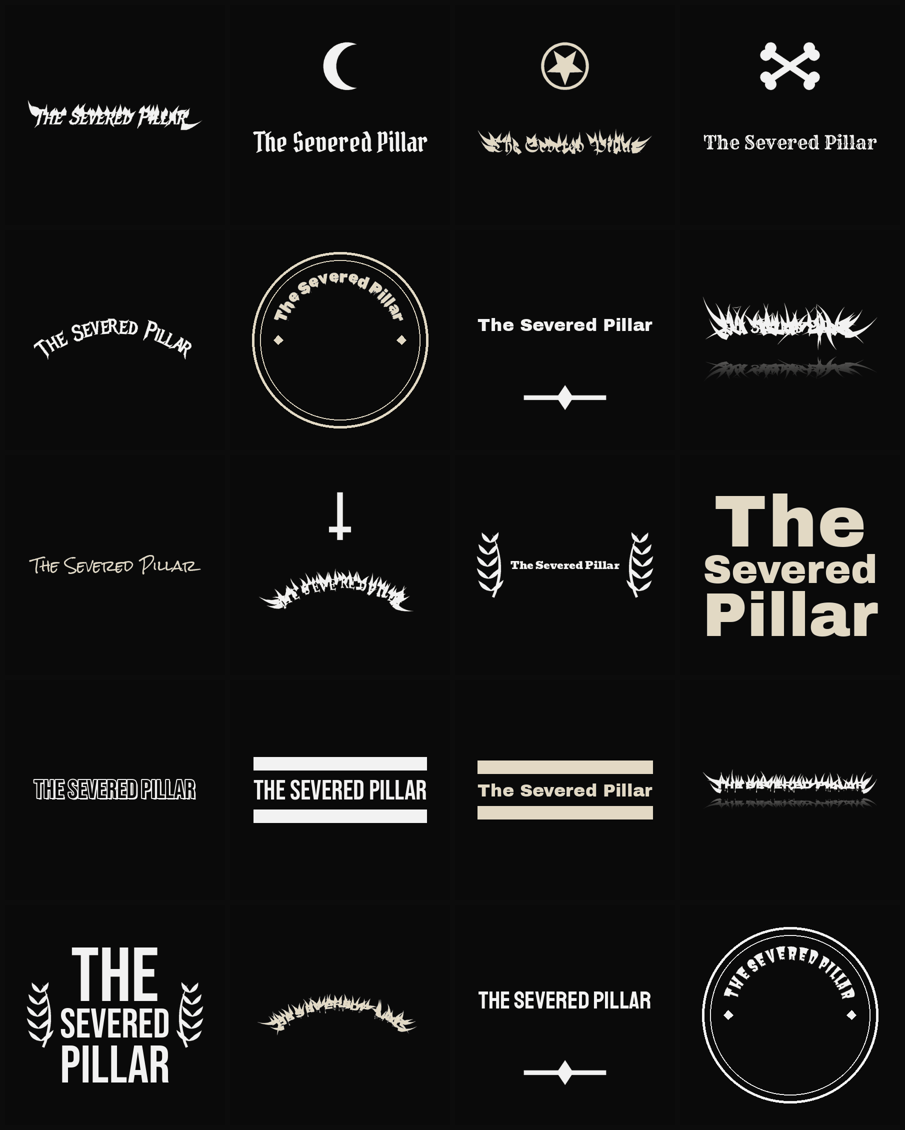 Twenty The Severed Pillar band logo ideas — different faces, treatments and spike settings
