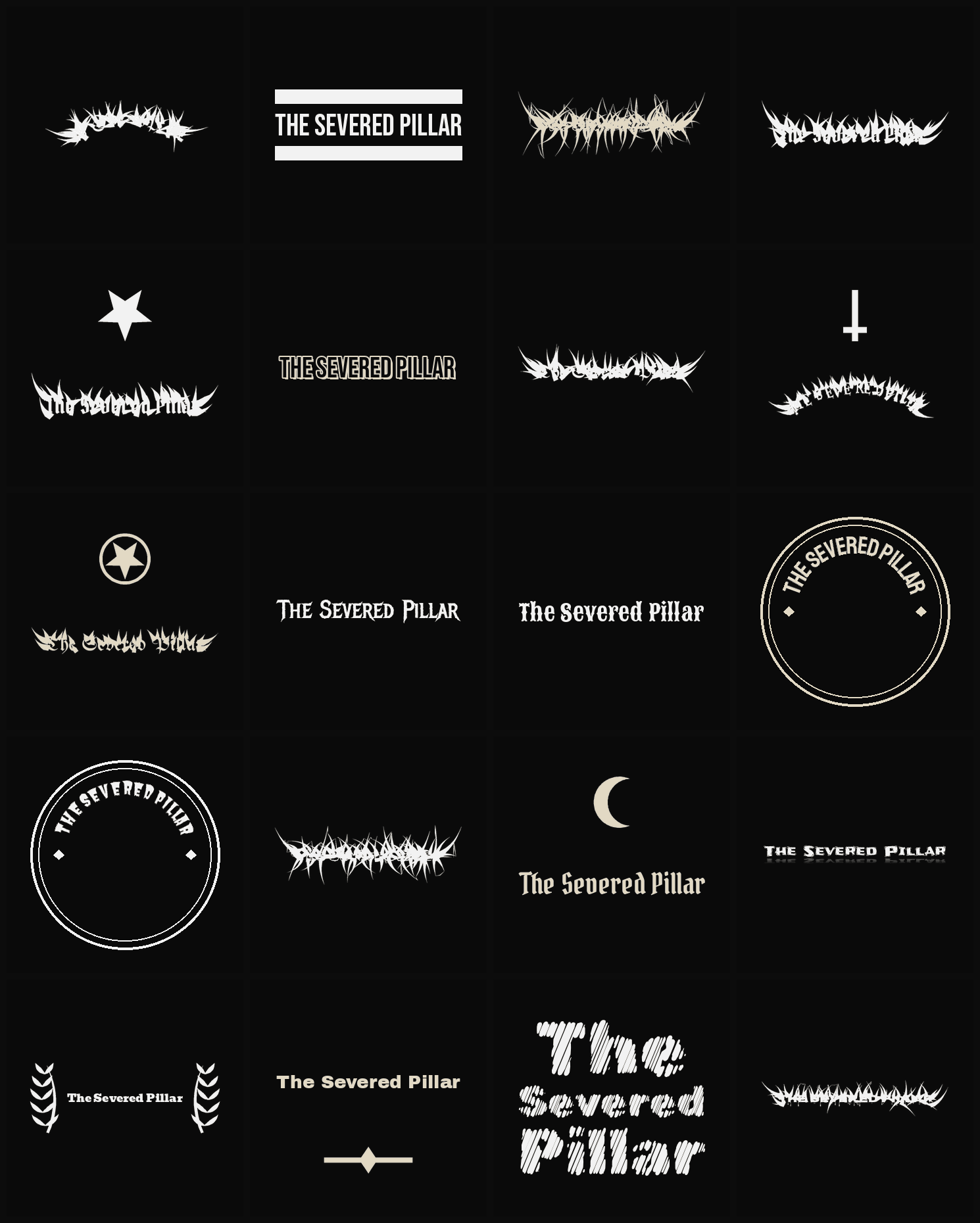 Twenty The Severed Pillar band logo ideas — different faces, treatments and spike settings