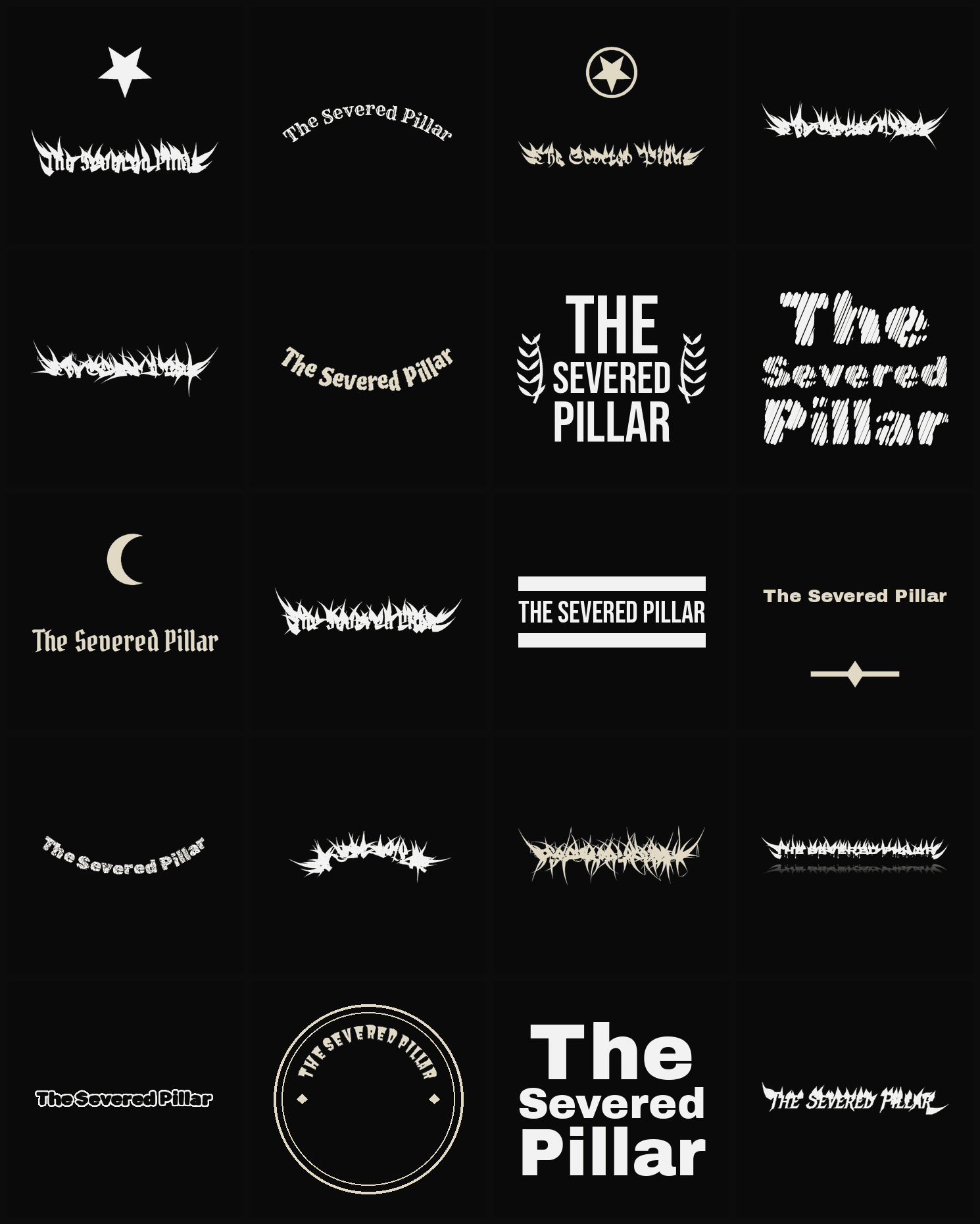Twenty The Severed Pillar band logo ideas — different faces, treatments and spike settings