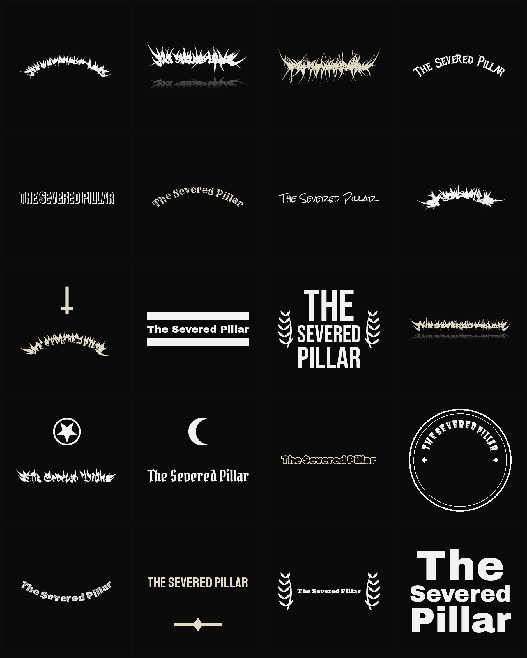 Twenty The Severed Pillar band logo ideas — different faces, treatments and spike settings