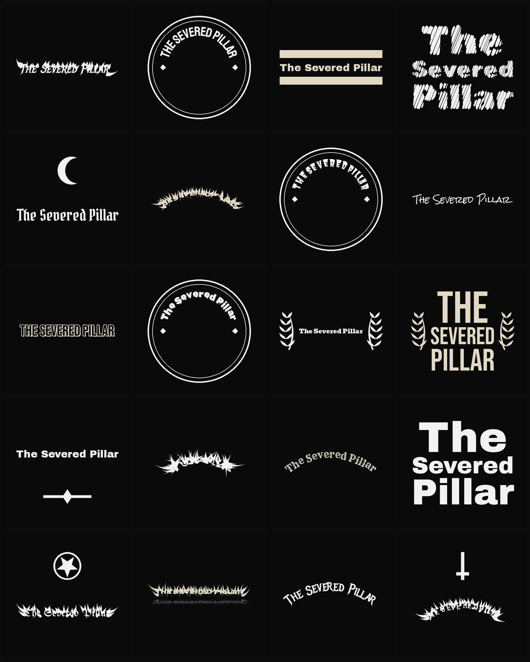 Twenty The Severed Pillar band logo ideas — different faces, treatments and spike settings