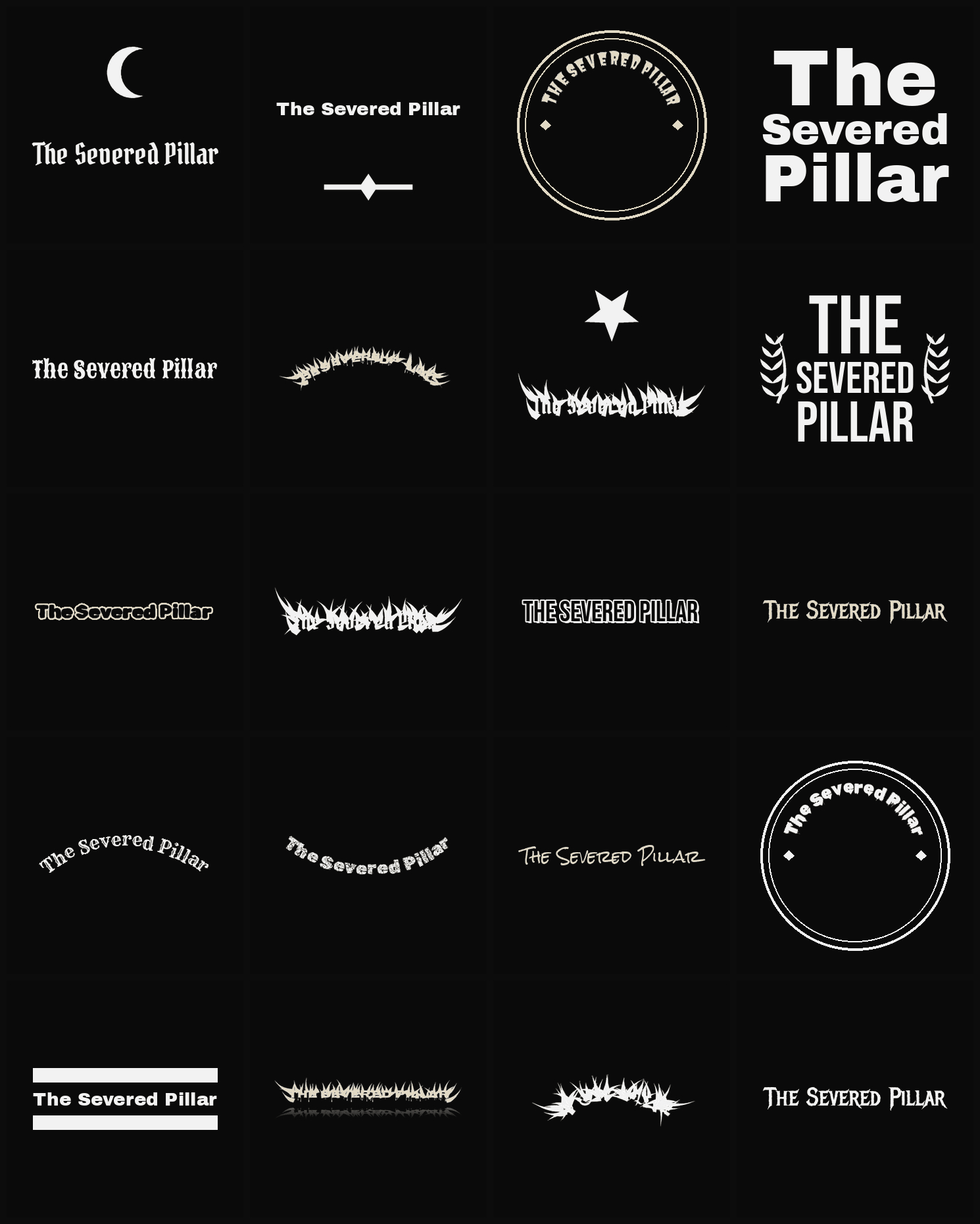 Twenty The Severed Pillar band logo ideas — different faces, treatments and spike settings