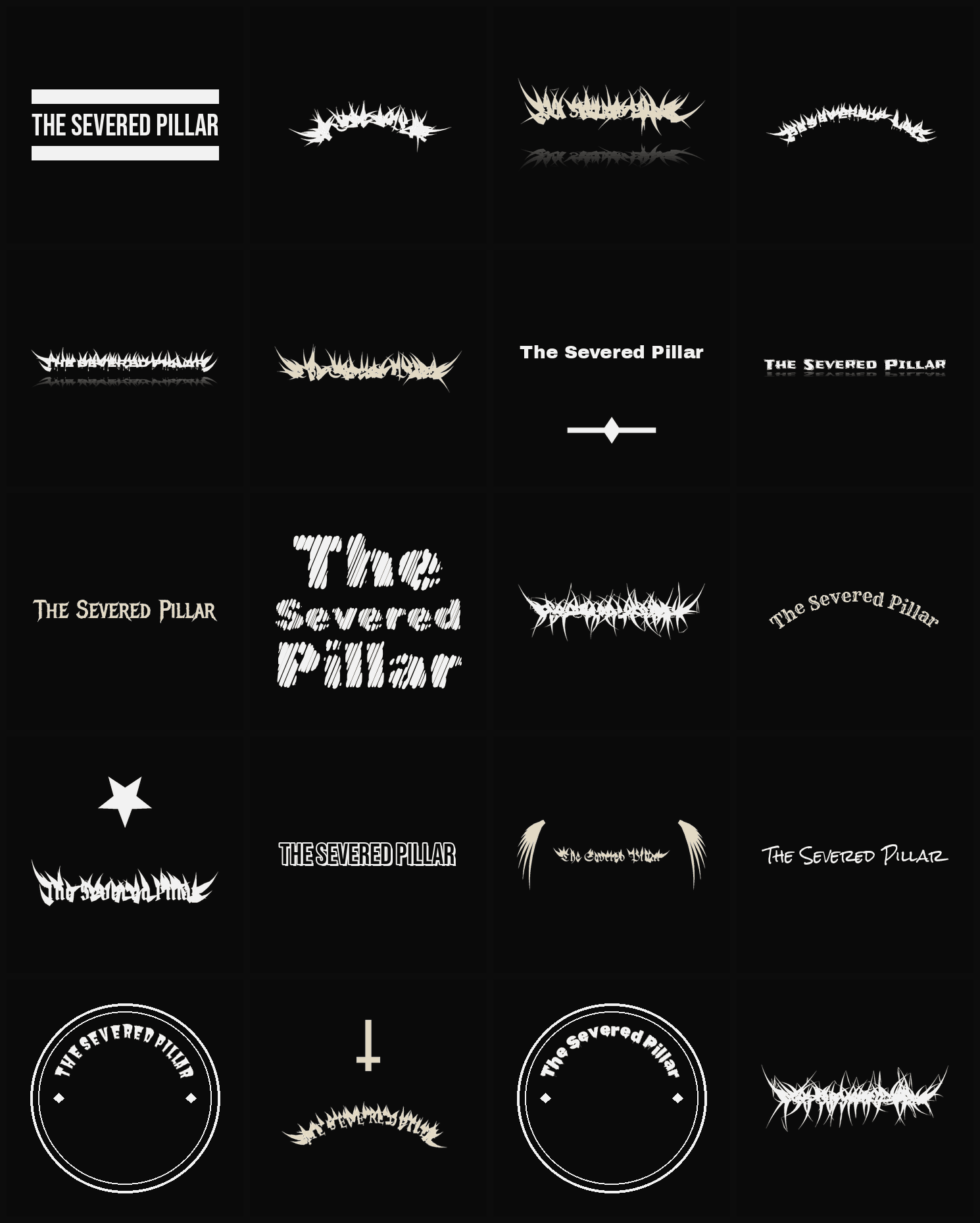 Twenty The Severed Pillar band logo ideas — different faces, treatments and spike settings