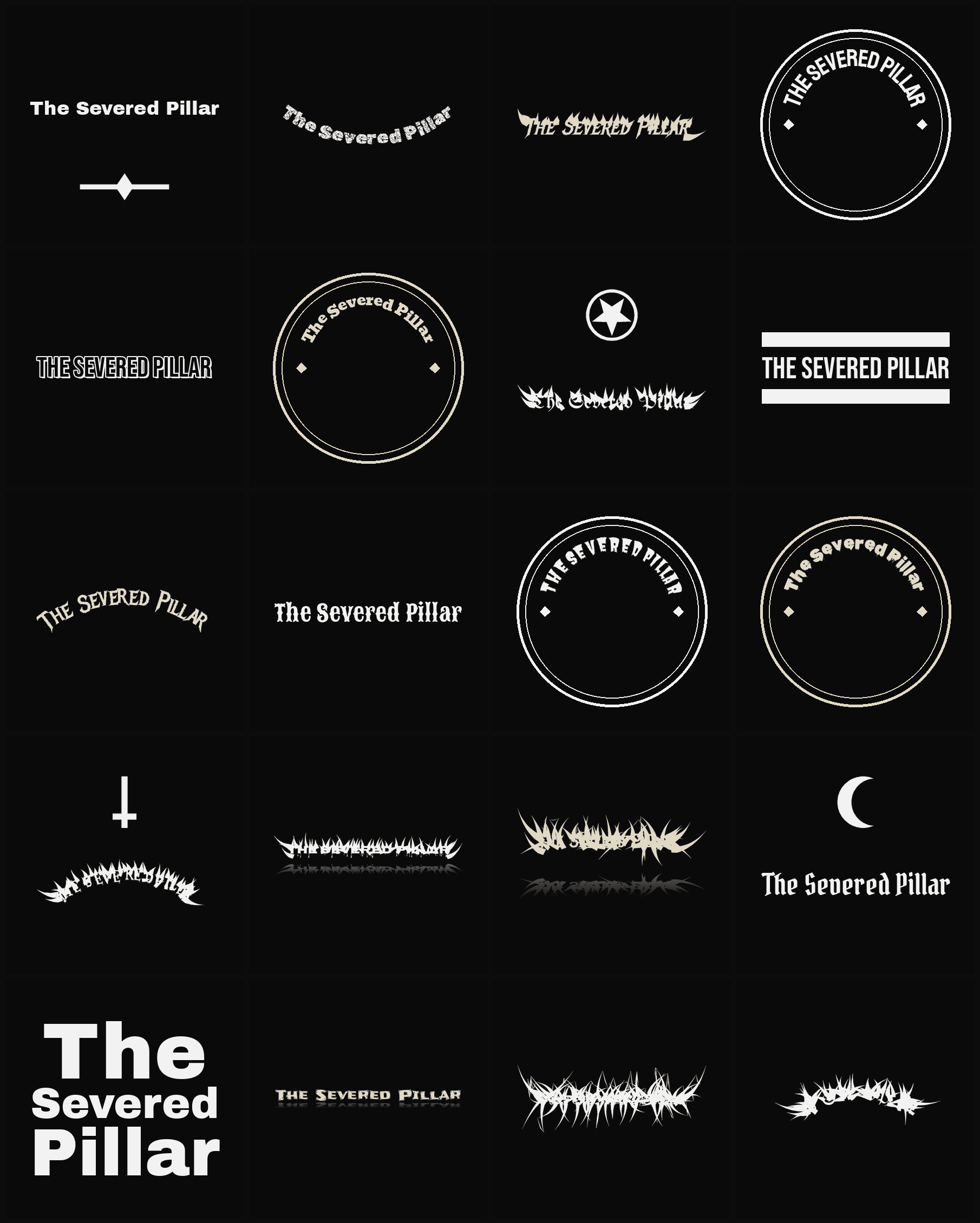 Twenty The Severed Pillar band logo ideas — different faces, treatments and spike settings