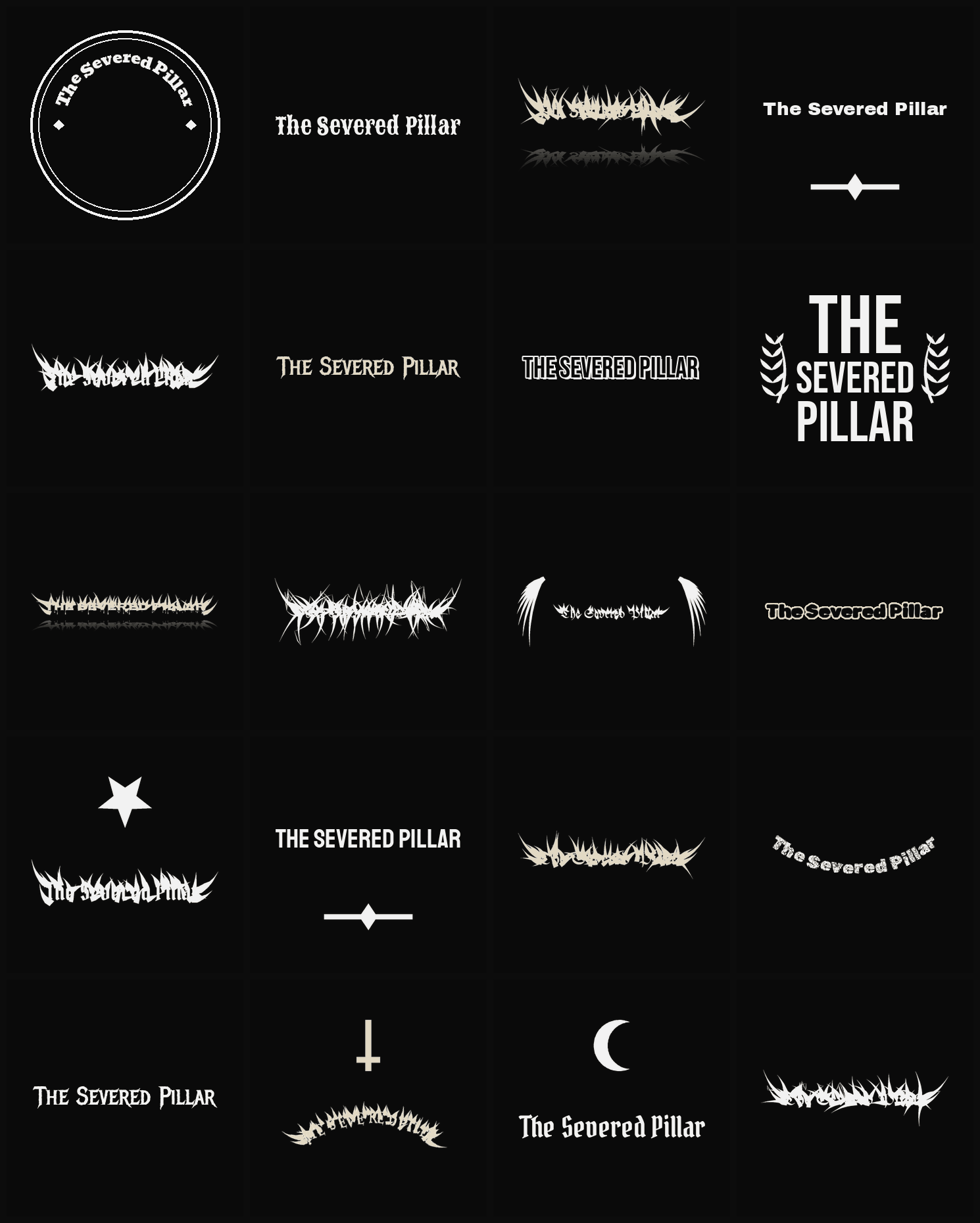 Twenty The Severed Pillar band logo ideas — different faces, treatments and spike settings