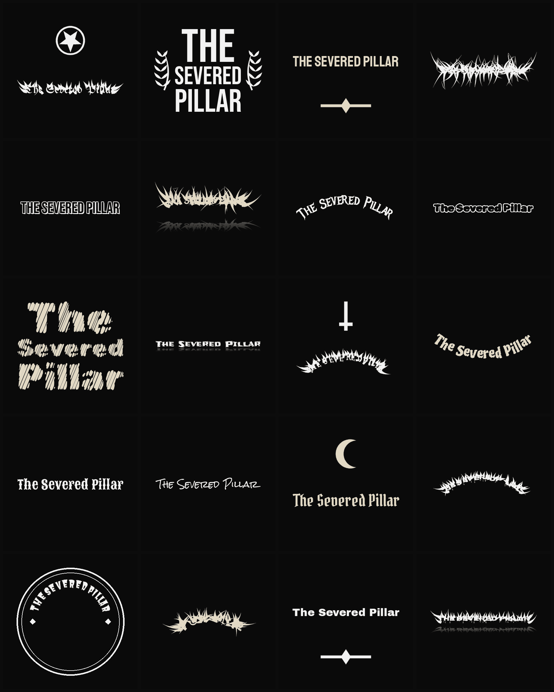 Twenty The Severed Pillar band logo ideas — different faces, treatments and spike settings