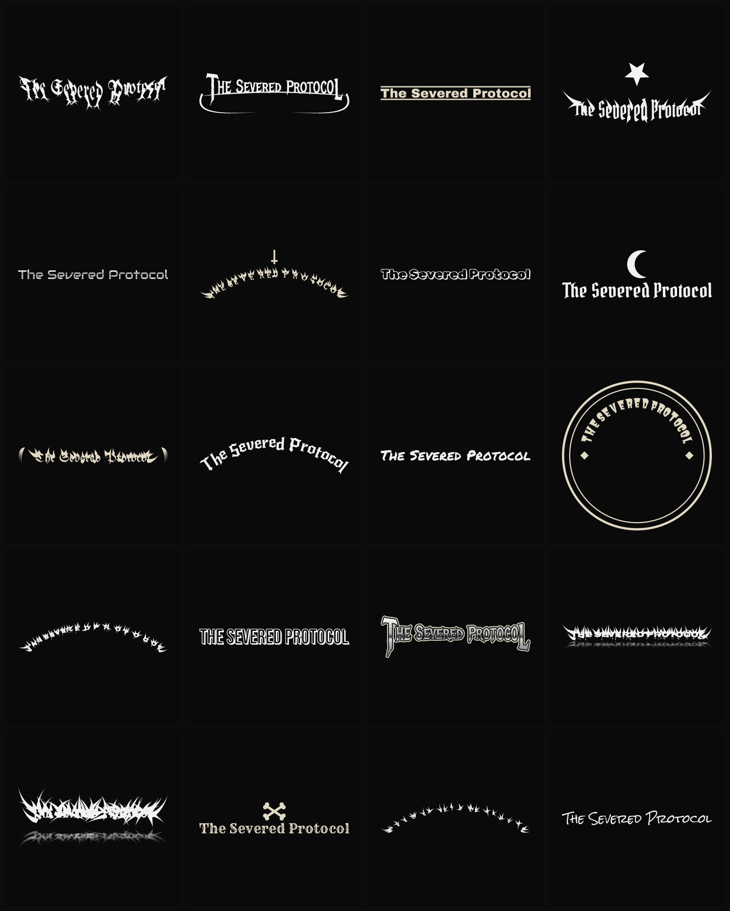 Twenty The Severed Protocol band logo ideas — different faces, treatments and spike settings