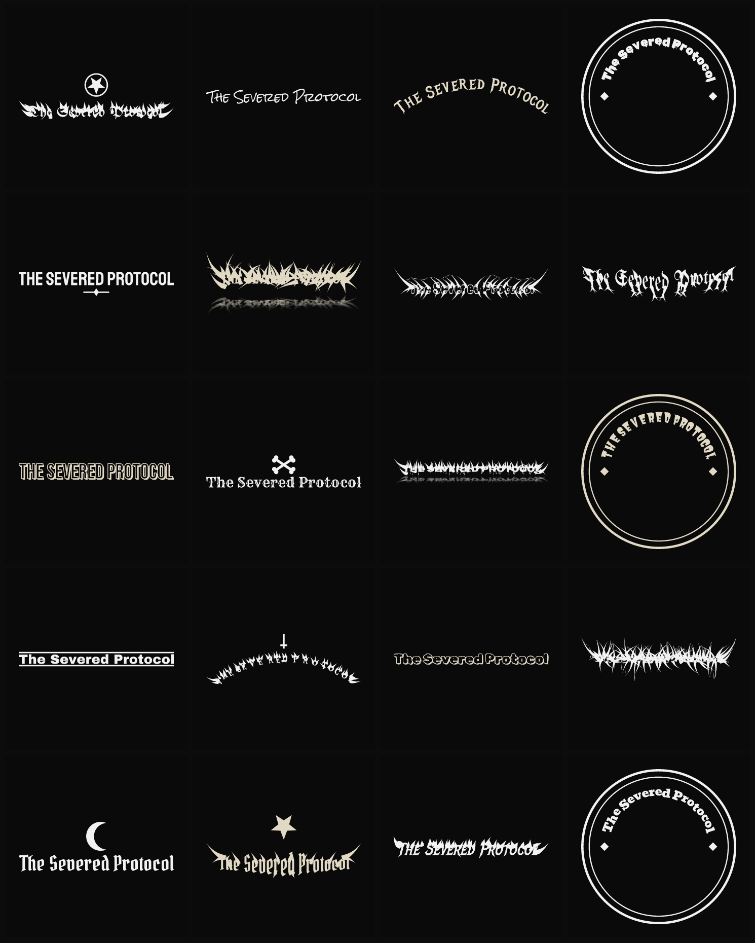 Twenty The Severed Protocol band logo ideas — different faces, treatments and spike settings