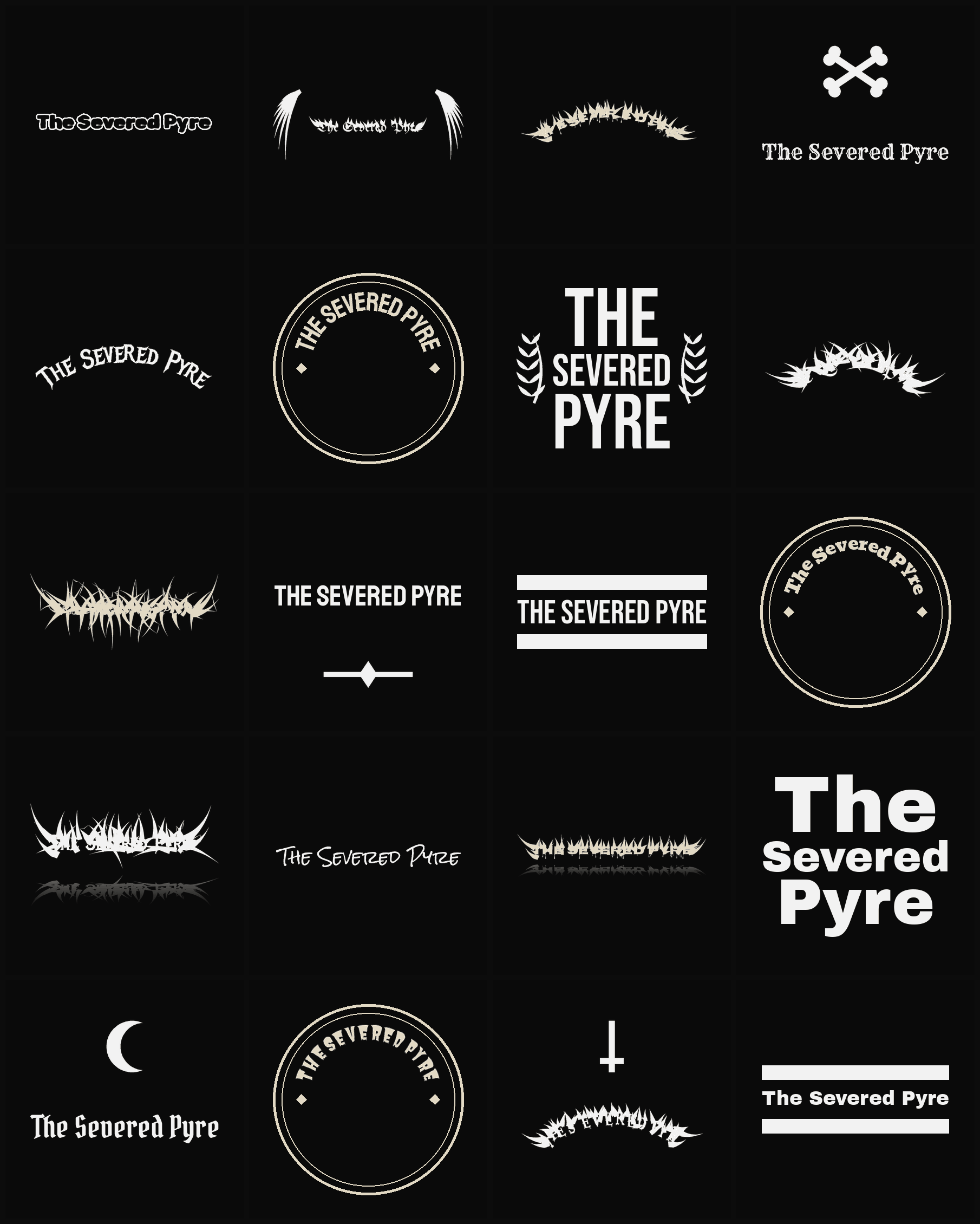 Twenty The Severed Pyre band logo ideas — different faces, treatments and spike settings