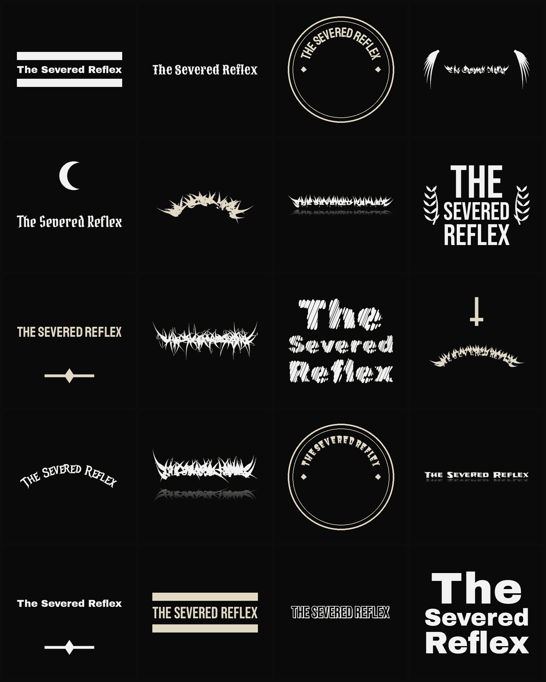 Twenty The Severed Reflex band logo ideas — different faces, treatments and spike settings