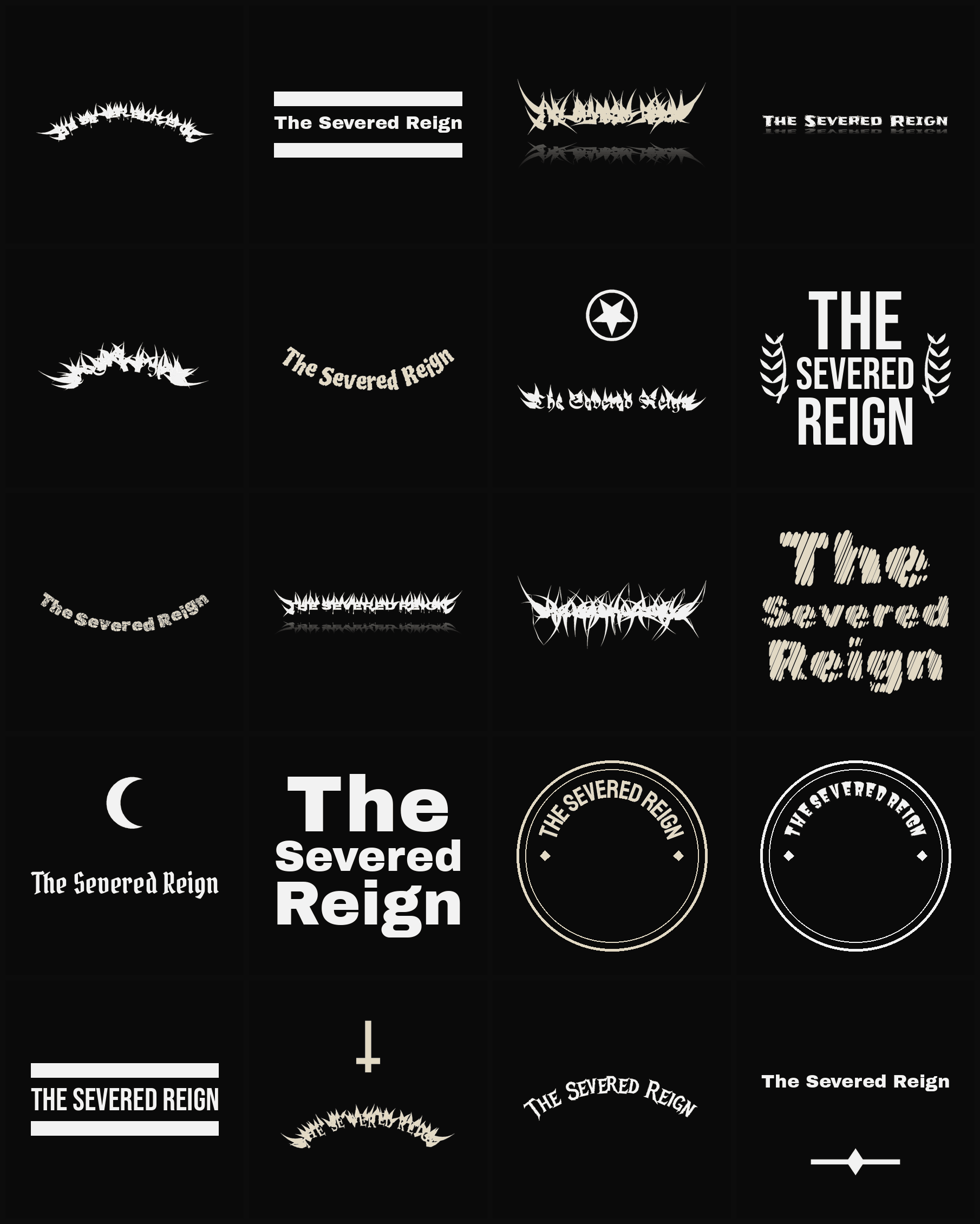 Twenty The Severed Reign band logo ideas — different faces, treatments and spike settings