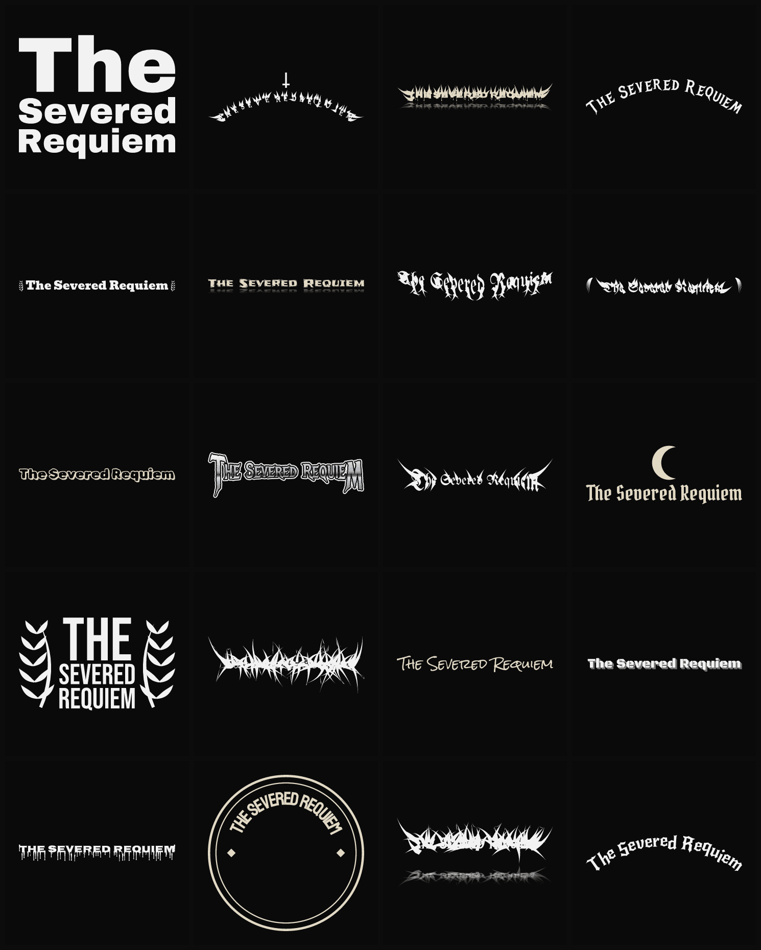 Twenty The Severed Requiem band logo ideas — different faces, treatments and spike settings
