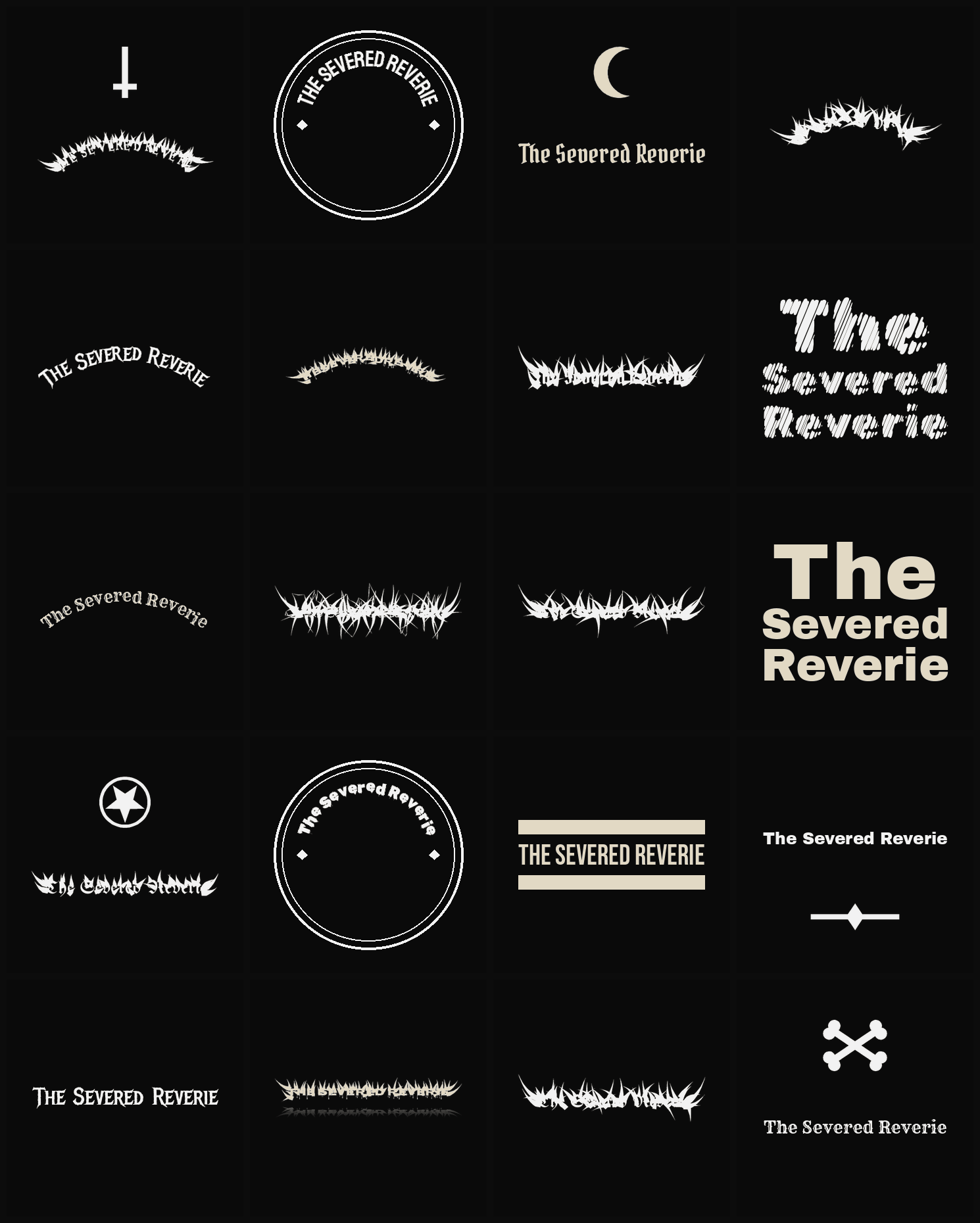 Twenty The Severed Reverie band logo ideas — different faces, treatments and spike settings