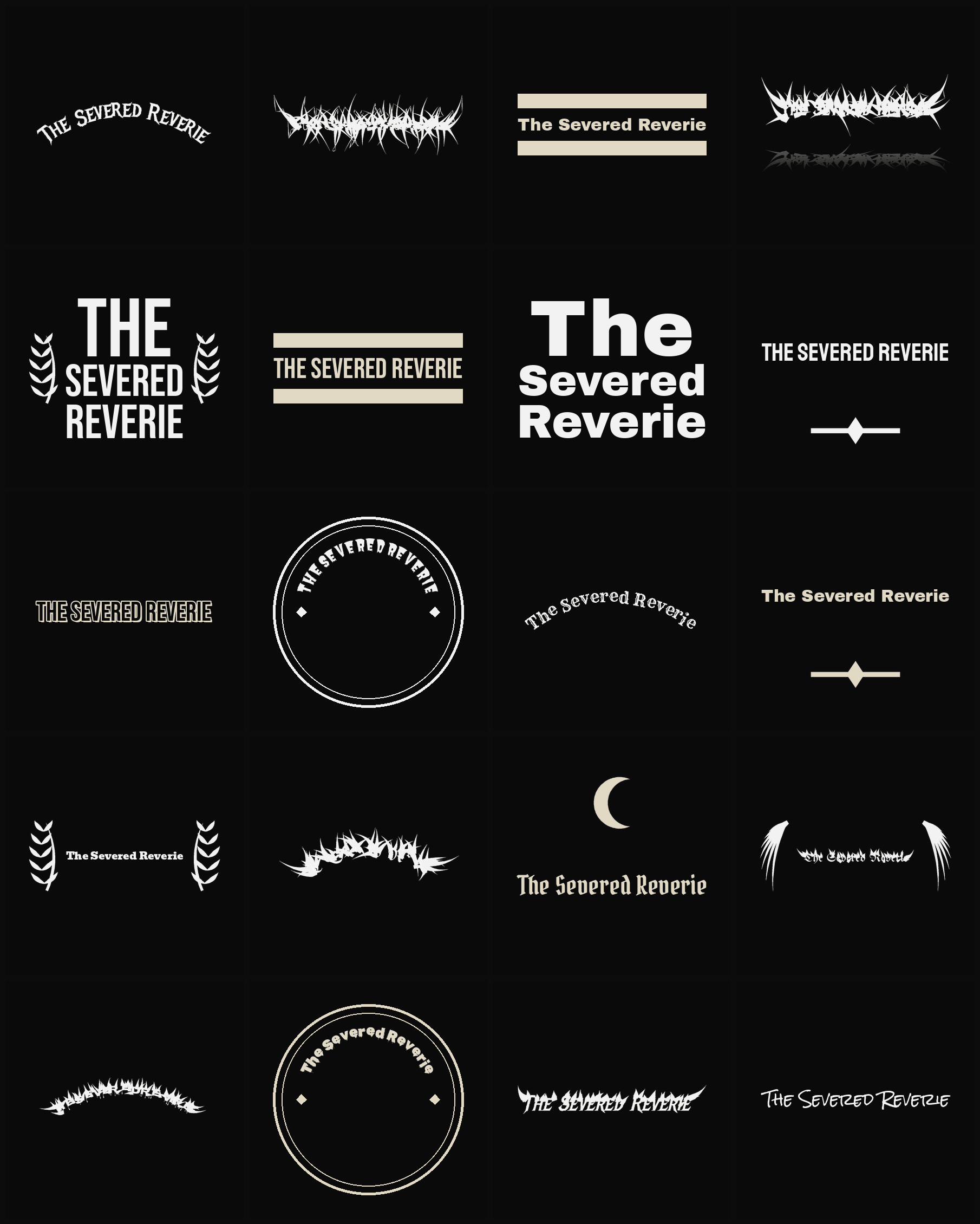 Twenty The Severed Reverie band logo ideas — different faces, treatments and spike settings