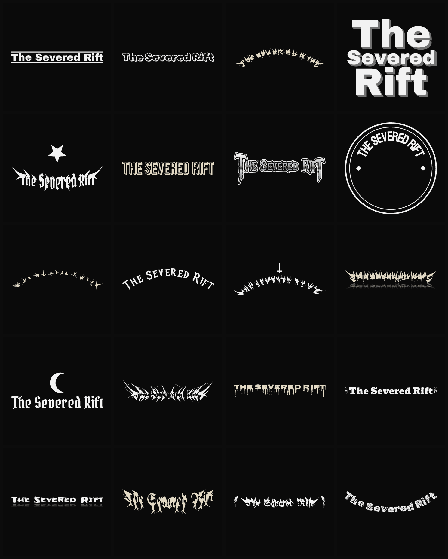 Twenty The Severed Rift band logo ideas — different faces, treatments and spike settings